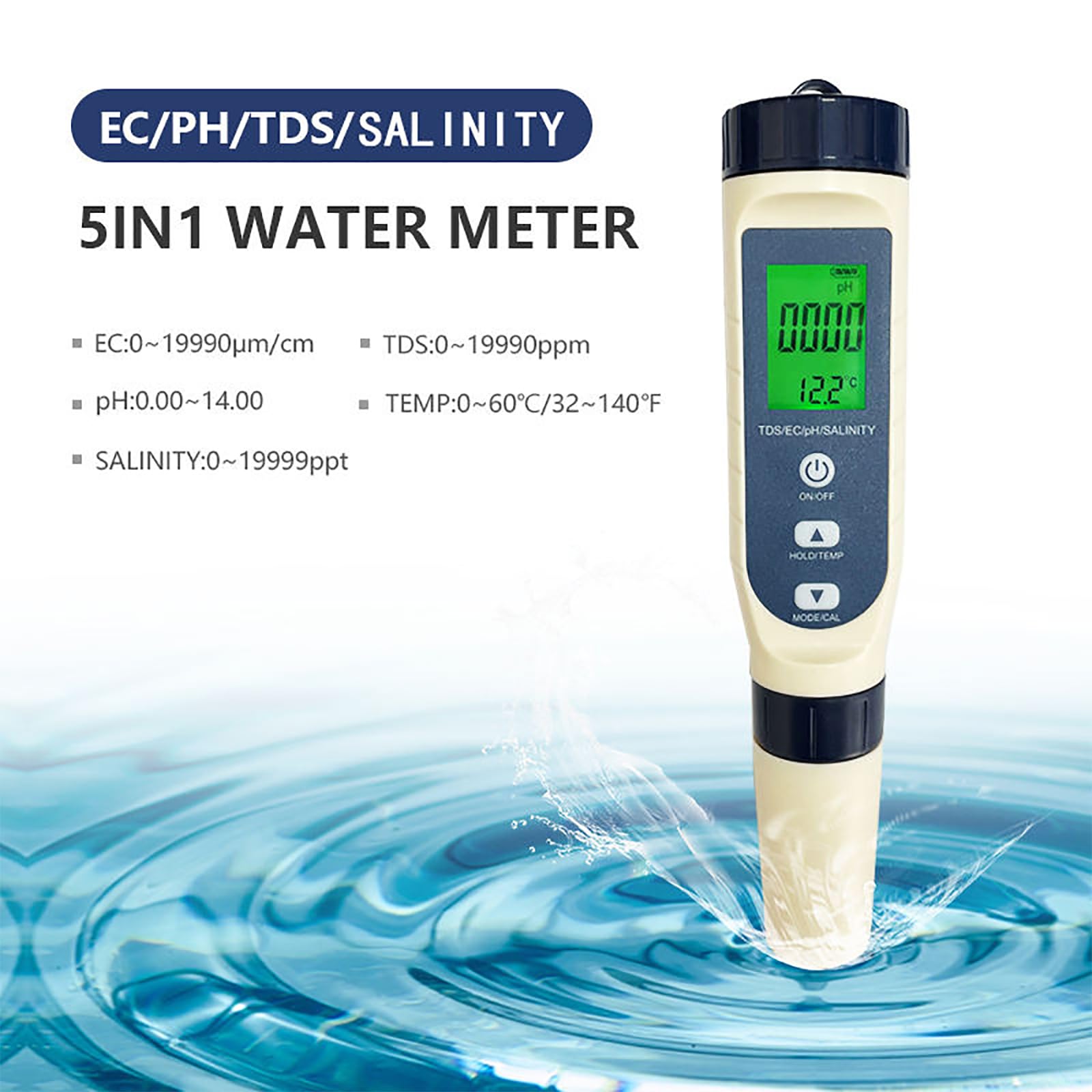 NGARY TDS Meter Digital Water Tester, TDS/pH/Temperature 5-in-1 PH Pen con Función De Retención De Datos, Rango De Medición De PH con 0-14, para Agua Potable, Piscina Y Acuario