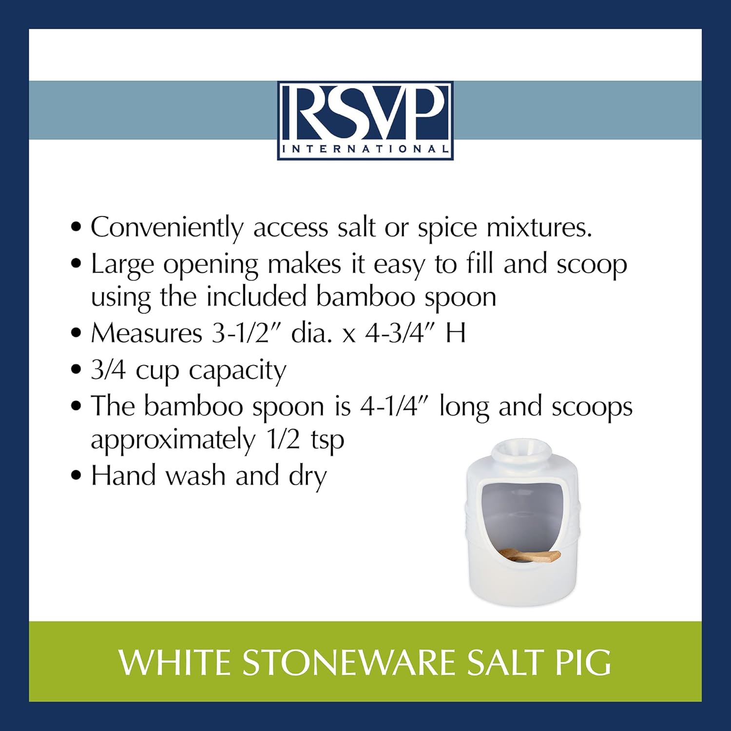 RSVP International Stoneware Salt Pig and Spoon Set, Wide Mouth, Dishwasher Safe, 3x3.25x5", White