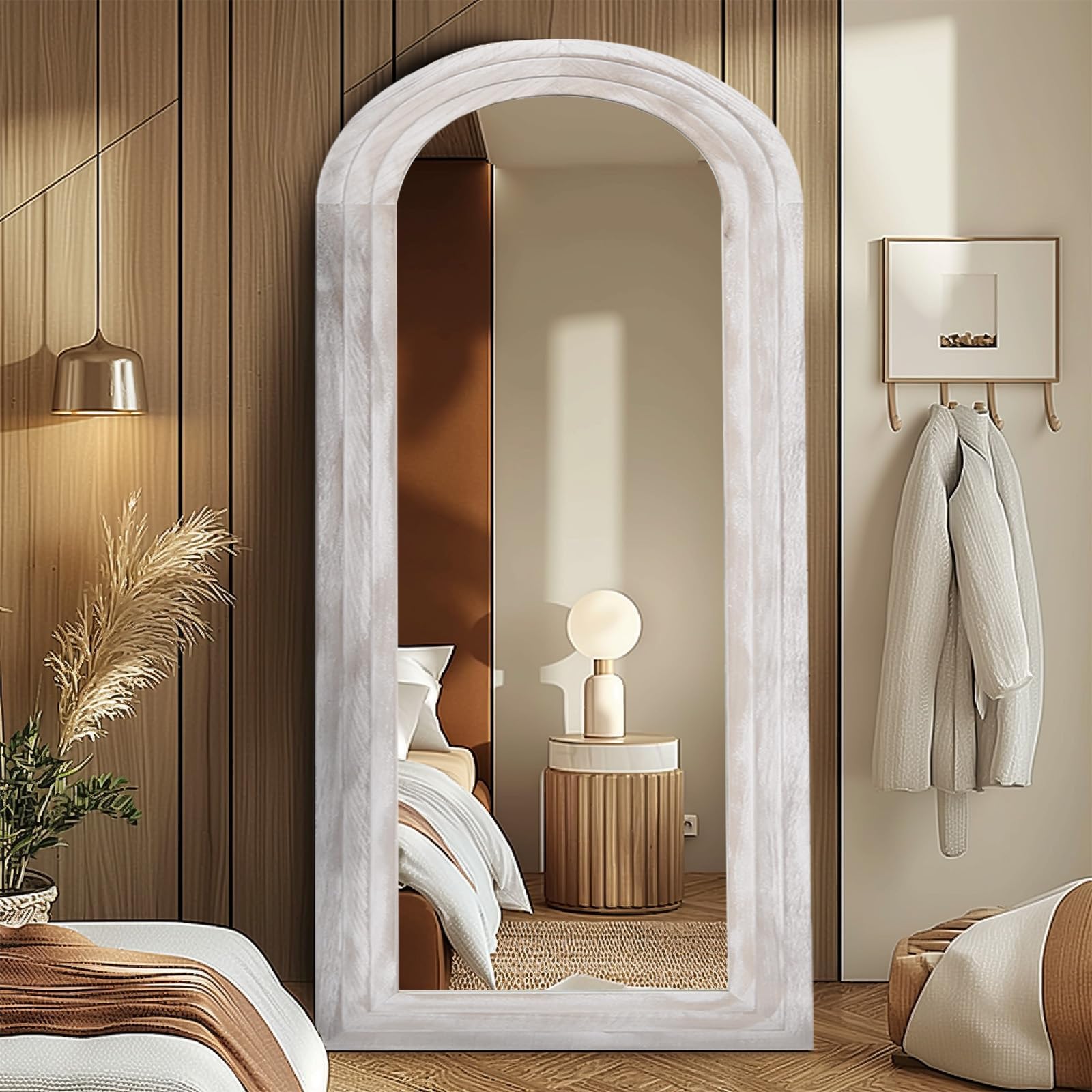 MAXEN Großer Bogen Ganzkörperspiegel 180x80 cm, Gewölbter Standspiegel | Und Wandspiegel Mit Massivholzrahmen, Bauernhaus-Stil, Bruchsicheres Glas, Weiß, Für Schlafzimmer Und Wohnzimmer.