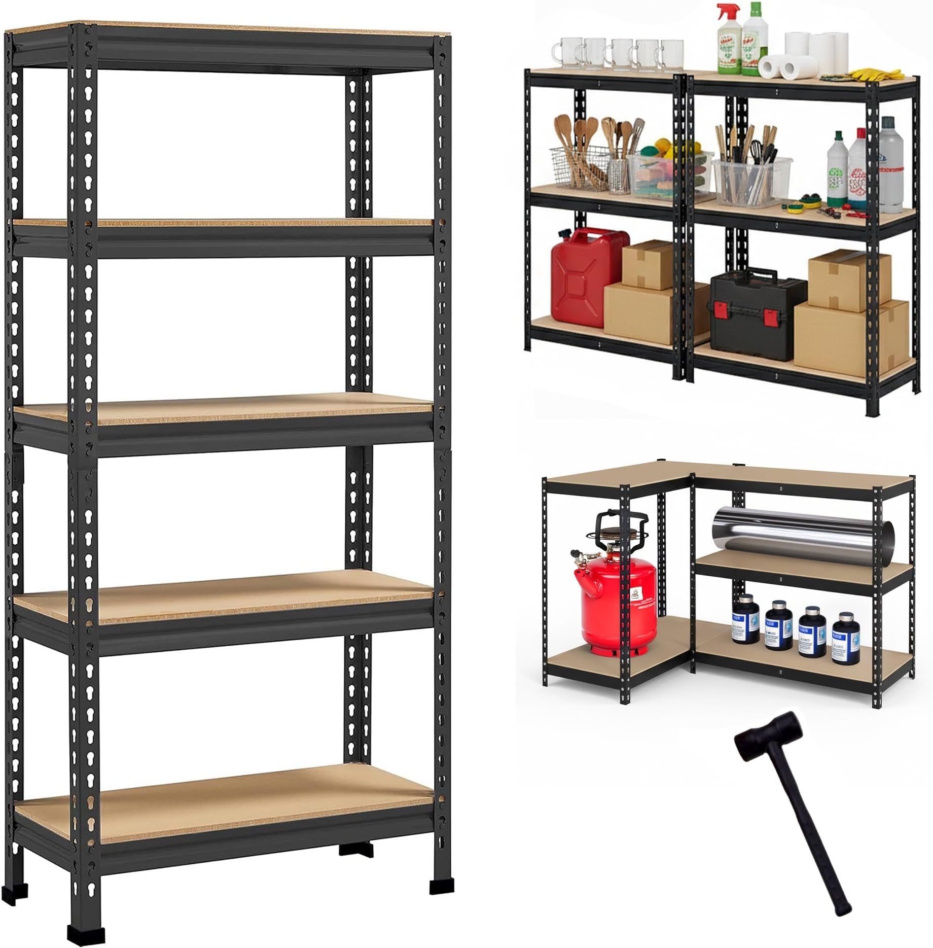 Amazon Basics 5-Tier Multipurpose Storage Rack 63 x 24 x 12" | Bolt-Free Assembly | Metal Stand with Thick MDF Board | 175kg Capacity Per Shelf | For Home, Garage & Shop | Black
