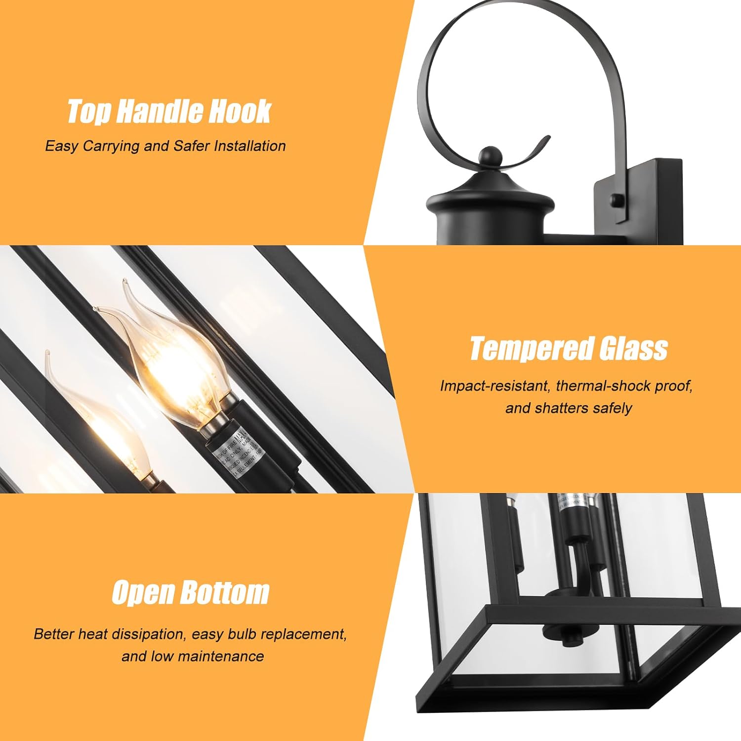 24" extra large outdoor wall light fixture 2-pack, black 3-light modern porch lantern, waterproof exterior lighting sconce wall, outside lamp for house garage patio e12 base, tempered glass 2 pk no sensor black