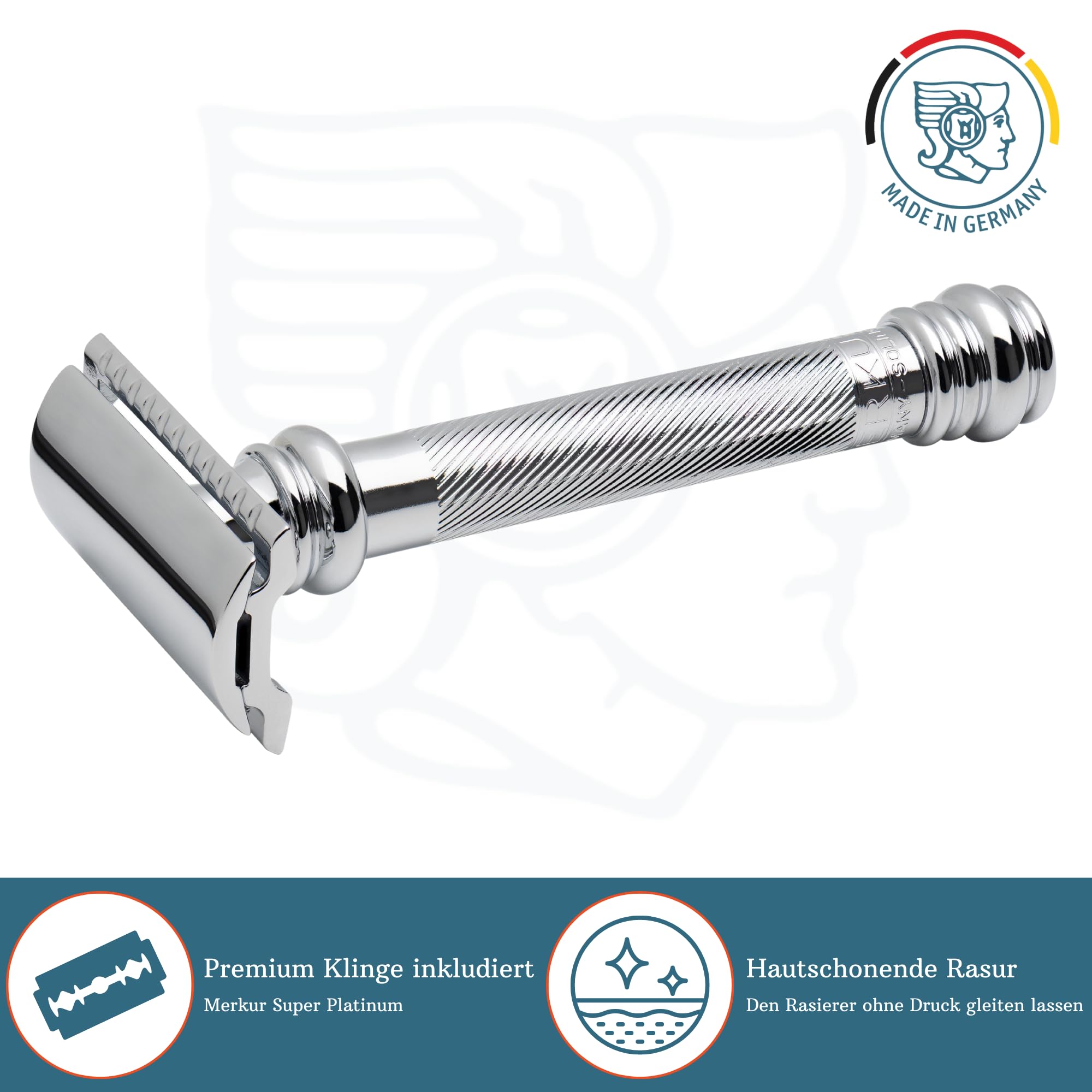 MERKUR Rasierhobel 38C | Barber Pole Glanzchrom | Zweiteiliger Rasierer mit geradem Schnitt | Geschlossener Kamm | Ideal für Nassrasur | Zinkdruckguss | Messing Griffstück | Made in Germany