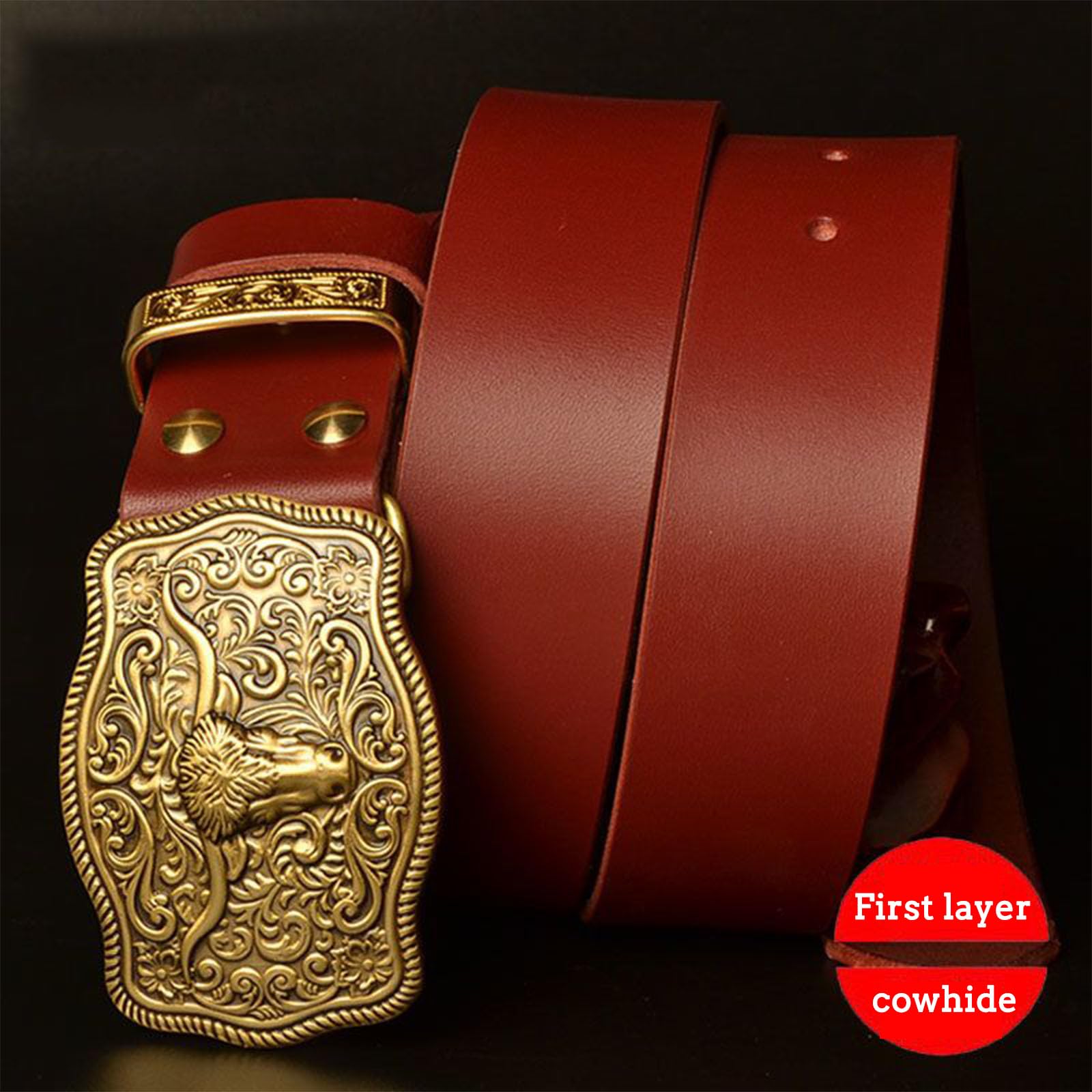 Cintura, Cowboy Western da Uomo, Cinture in Pelle da Uomo con Fibbia in Metallo in Ottone con Motivo Toro dalle Corna Lunghe Oro, Marrone Rossastro, 125CM/49.2''