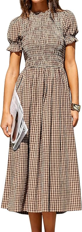 Plaid Gingham Midi Dress Short Sleeve Smocked Dresses for Women