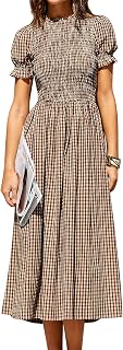 RIHOAS Plaid Gingham Midi Dress Short Sleeve Smocked Dresses for Women | Cotton,Ruffle Puff Sleeves,Vintage Brown,Spring Summer Casual Daily,Picnic,Travel,Vacation,Christmas Festive Occasions