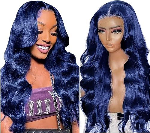 Peluca de cabello humano ondulado con encaje frontal azul oscuro de 28 pulgadas, color azul oscuro, pelucas de encaje frontal de 13 x 4, línea de