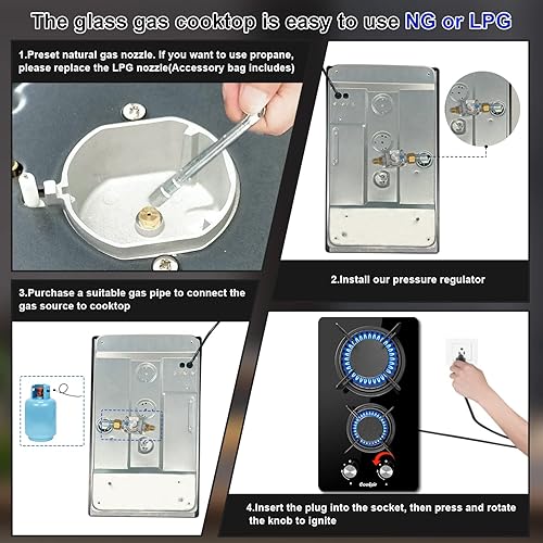 Vista 4 de Estufa de gas de 12 pulgadas, 2 quemadores de propano integrada, estufa de interior adecuada para combustible dual GLP/NG, estufa de gas de vidrio