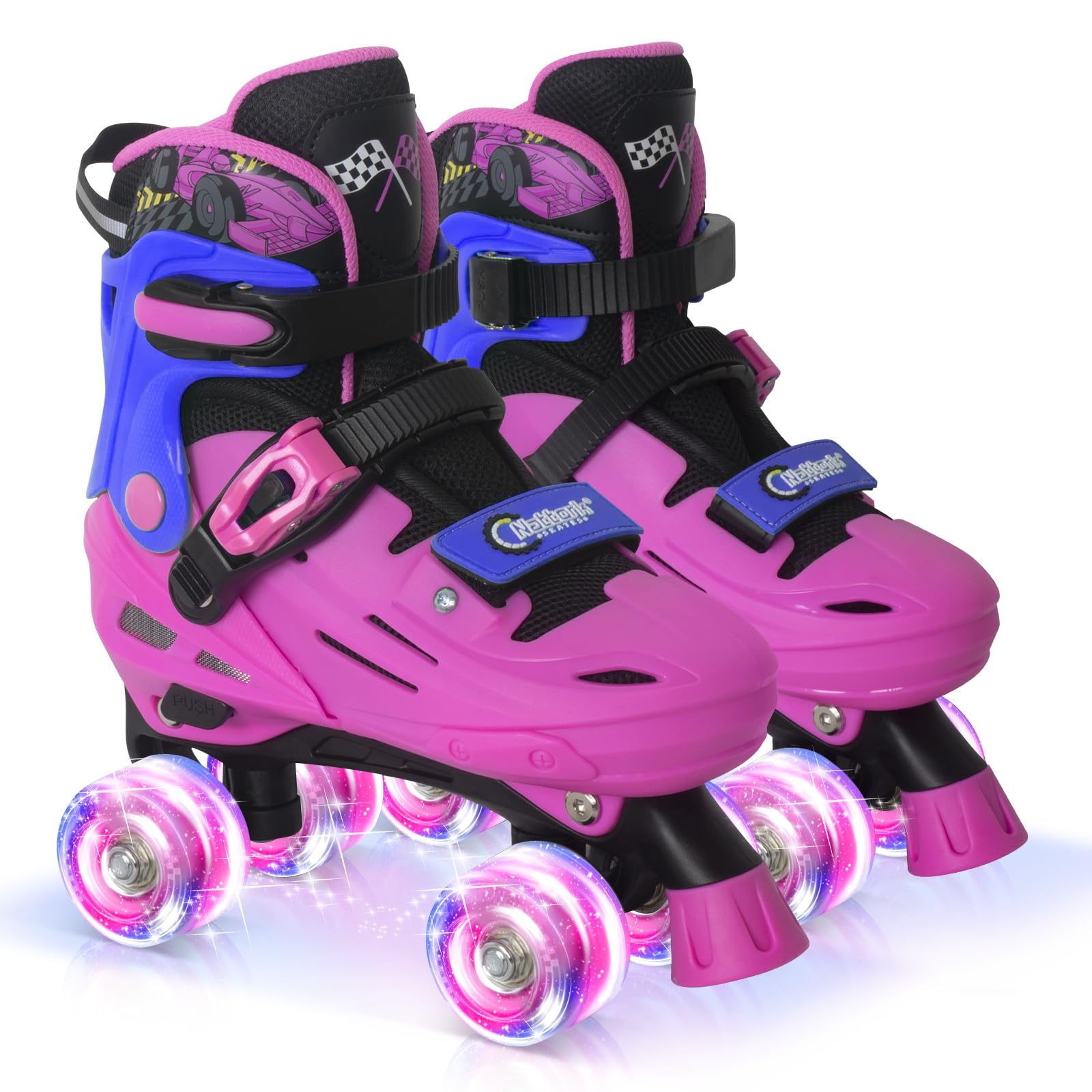 Nattork Rollschuhe Kinder, Verstellbare Rollschuhe für Kinder Jungen Mädchen, 4 Größen Verstellbar und LED Rollschuhe, Rennwagen Roller Skates Geschenkidee für Geburtstage