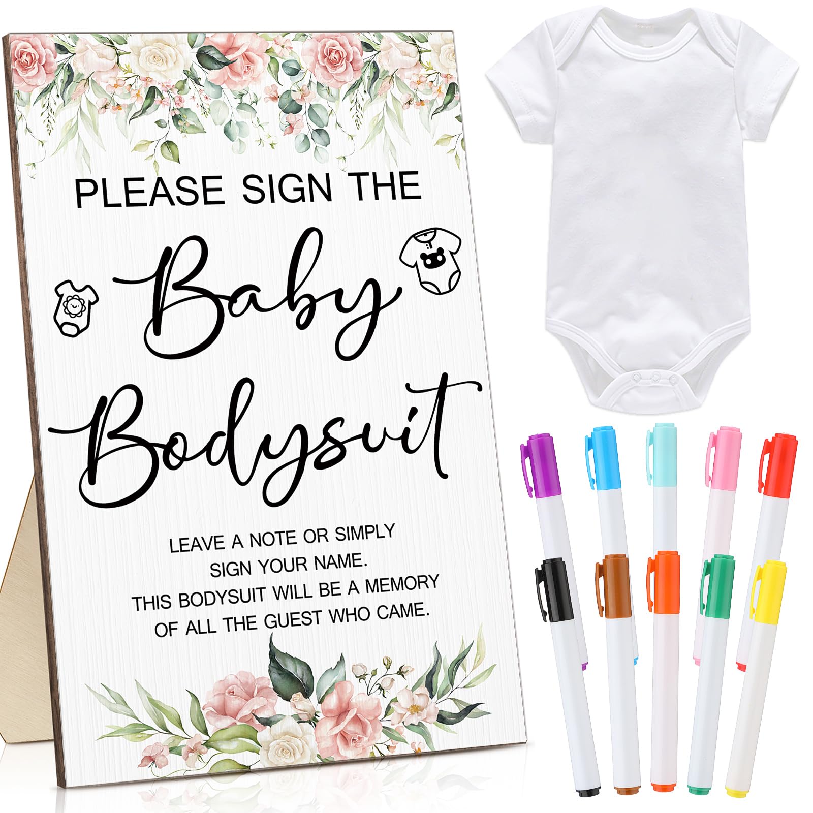 Qunclay 12 Pcs Baby Shower Game Decor with White Unisex Bodysuit Wooden Sign Tabletop Decor and Marker for Guests(Floral)