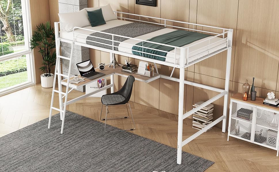 HUQIQWE Cama Alta 90x200 de Metal Blanco con Cama con Escritorio, Escritorio en L y litera con Escritorio, con estantería, barandilla y Escalera, sin colchón, para Dormitorio y Estudio