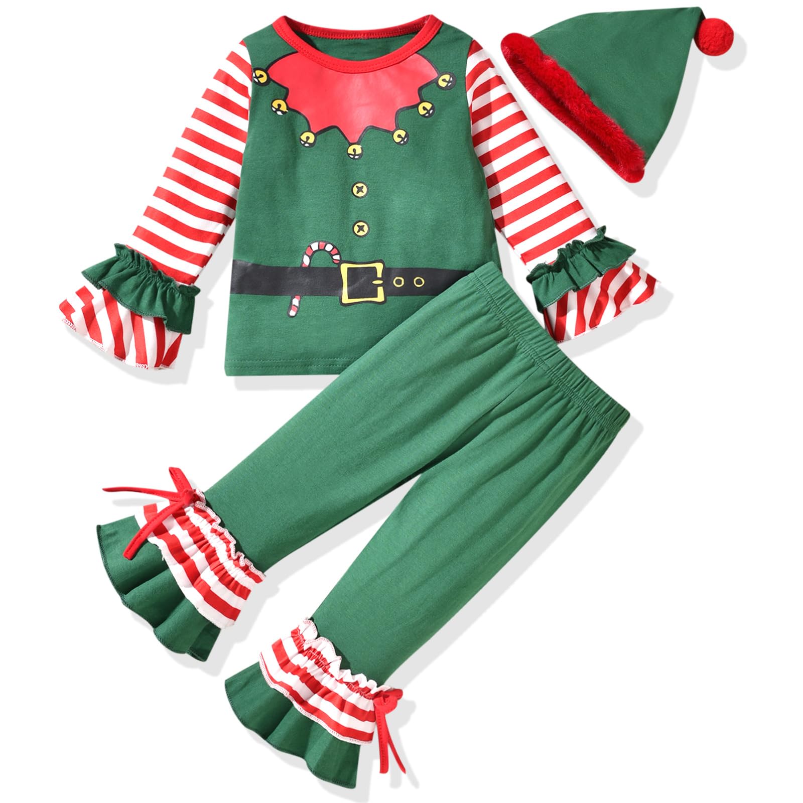 HINTINA 3T Toddler Little Girl Christmas Outfits Elf Bell Bottom Flare Pants Clothes Set Xmas Clothing 3-4T