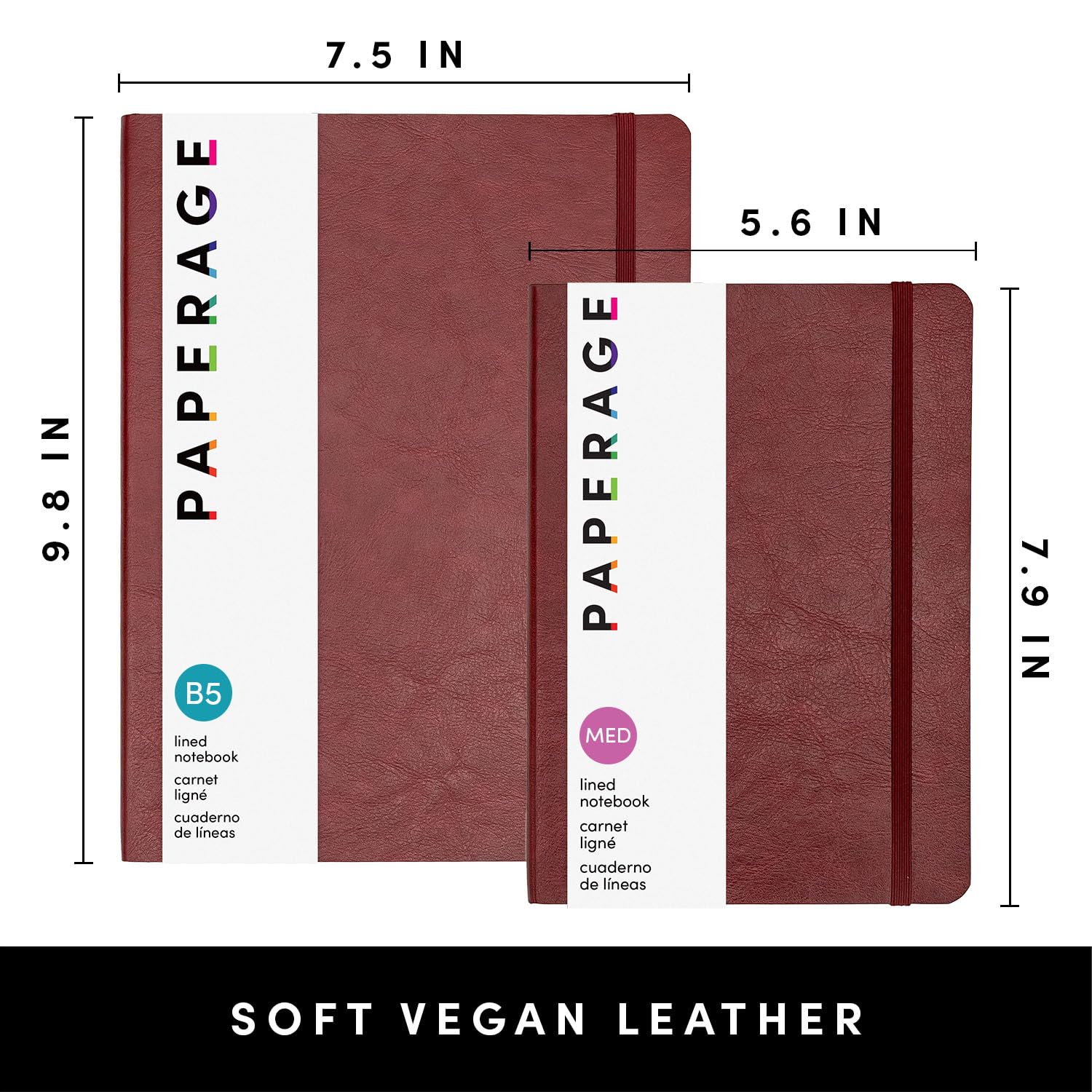 PAPERAGE Notizbuch, liniert, Softcover, Burgunderrot, 160 Seiten, mittelgroßes College-Notizbuch, 14,2 x 20,1 cm, 100 g/m² dickes Premium-Papier, weiches veganes Leder, Tagebuch für Zuhause, Arbeit