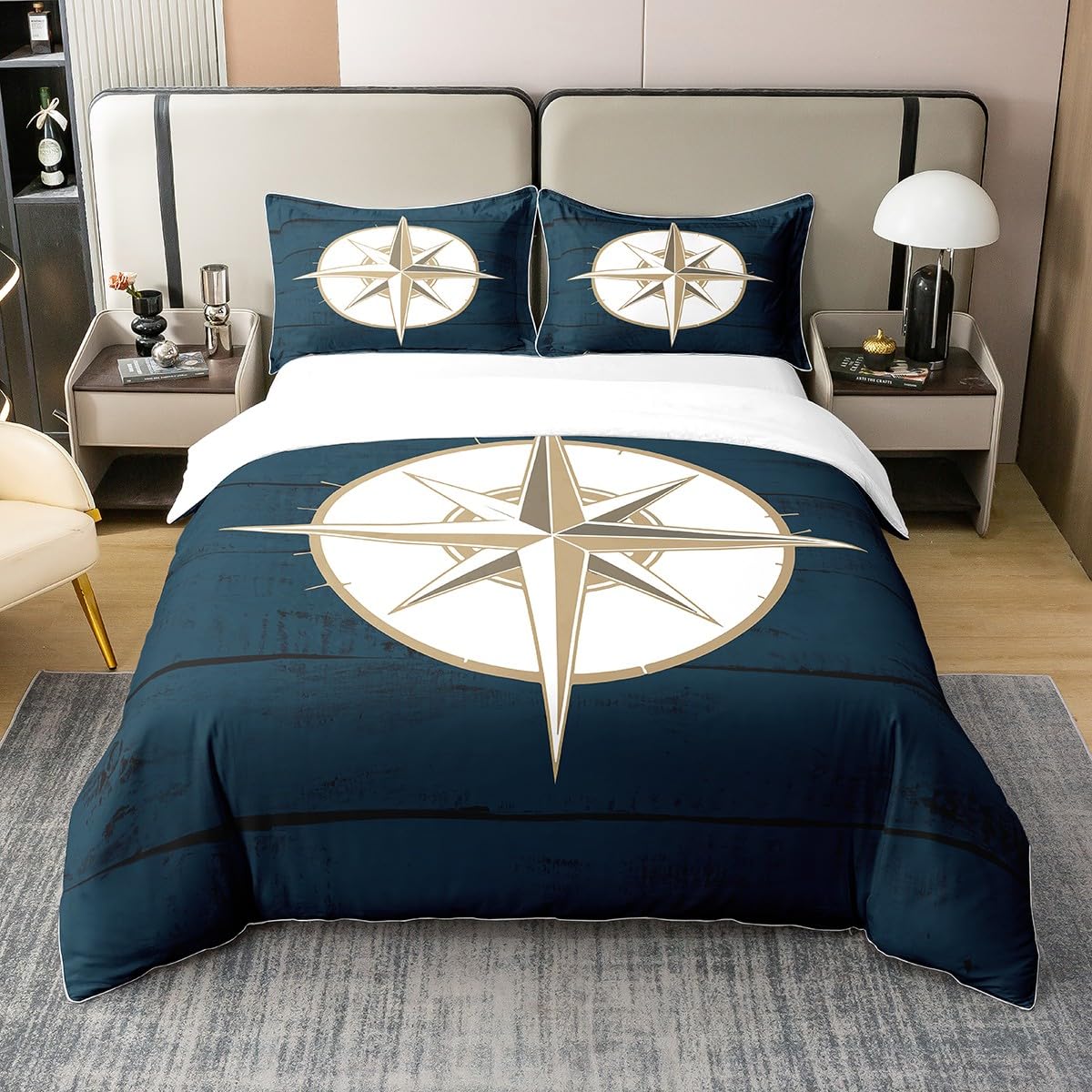 Housse de couette 240x260cm en pur coton respirant motifs géométriques marins
