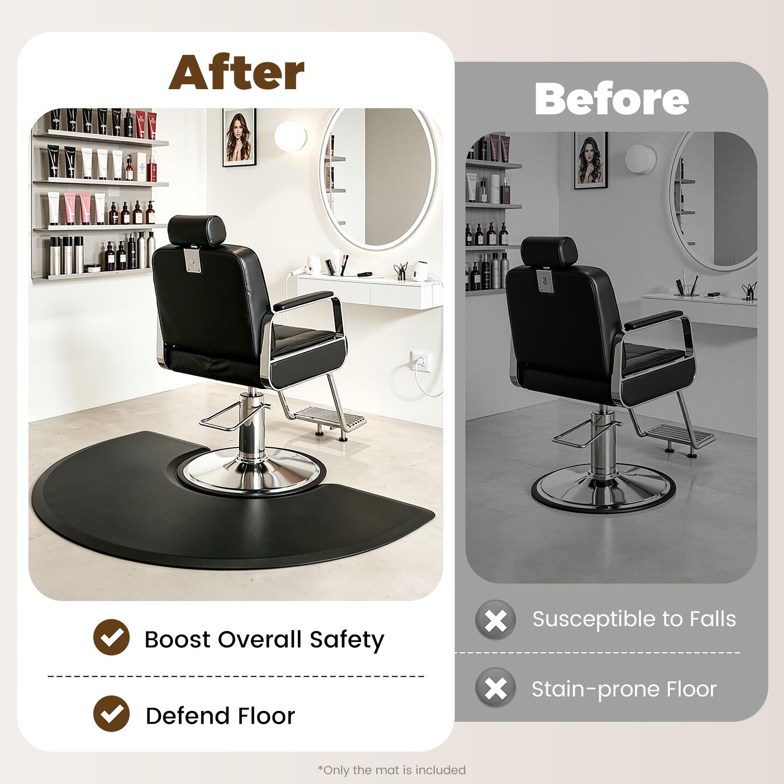 Salon - Alfombra de pie (poliuretano y PVC, 1,5 m, antideslizante, lavable) | Recorte ergonómico para silla de peluquería con bordes biselados, alfombrilla antifatiga para salones de peluquería