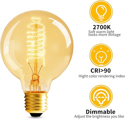 Miniatura 4 de NUODIFAN - Bombillas Edison G25, paquete de 6 bombillas Edison vintage de 60 W, bombillas Edison de filamento en espiral, base E26, luz cálida de