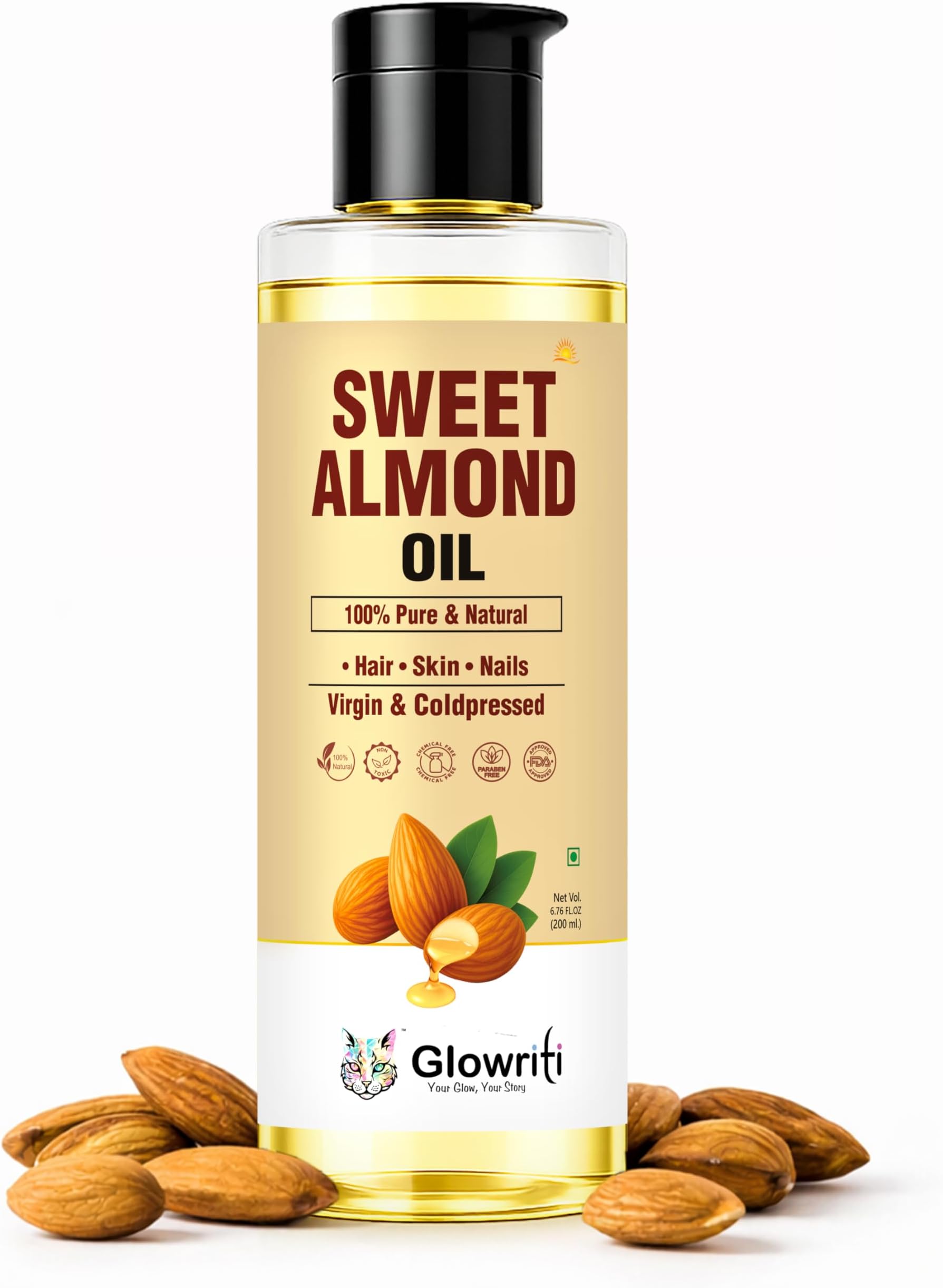 Naturals Cold Pressed Sweet Almond Oil for Hair and Skin, 100% Pure and Cold Pressed, Hexane Free, Skin Moisturizer, Nails, Therapeutic Massage, Carrier Oil