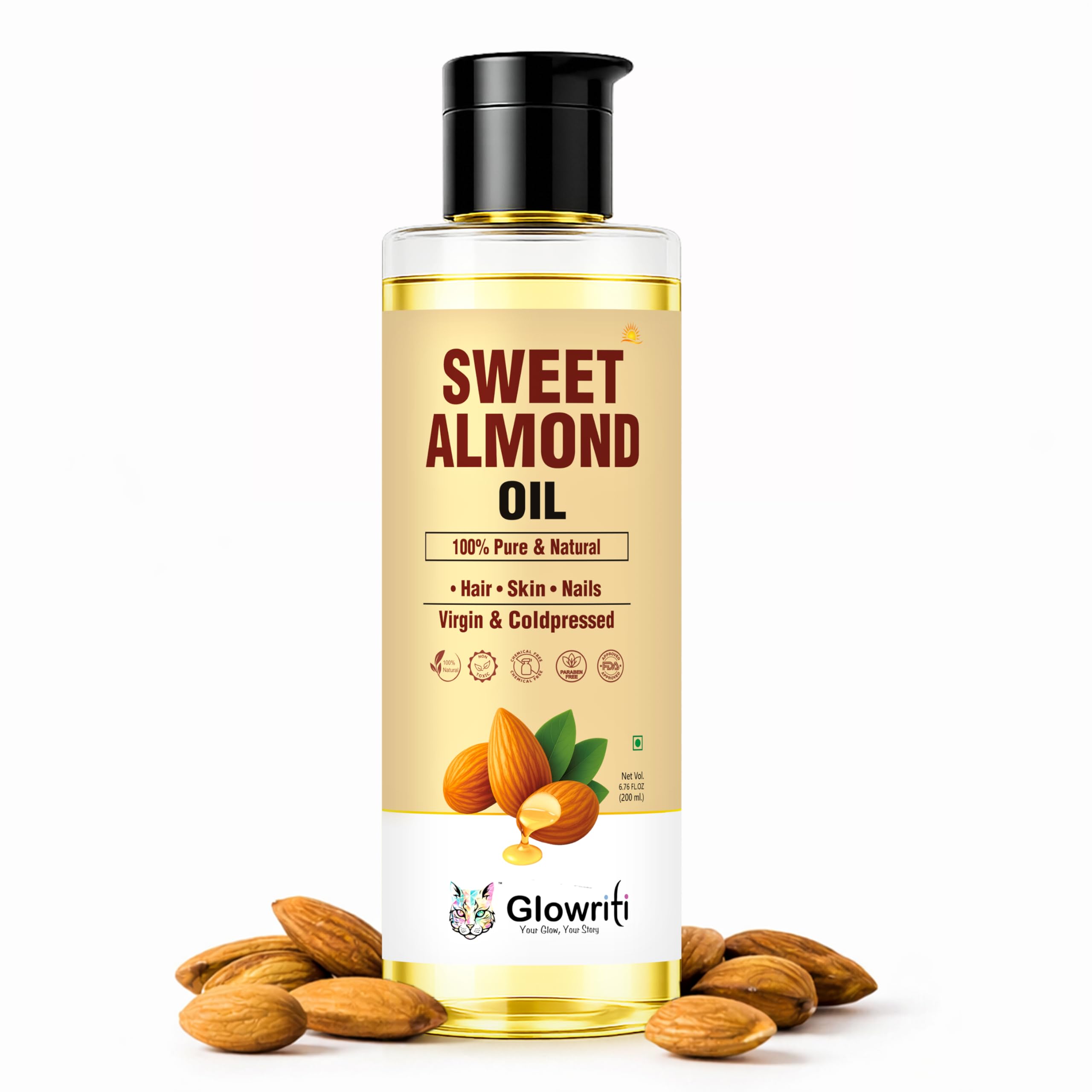 Naturals Cold Pressed Sweet Almond Oil for Hair and Skin, 100% Pure and Cold Pressed, Hexane Free, Skin Moisturizer, Nails, Therapeutic Massage, Carrier Oil