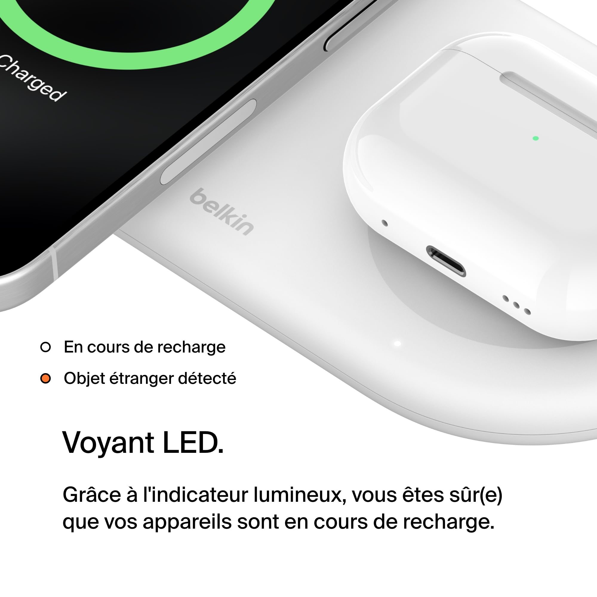 Belkin BoostCharge Pro Station de Recharge 2-en-1 avec Qi2, Recharge Rapide 15W, Chargeur sans Fil pour l'iPhone 17, iPhone Air, Pixelsnap, Les AirPods, et Tout Appareil MagSafe - Blanc