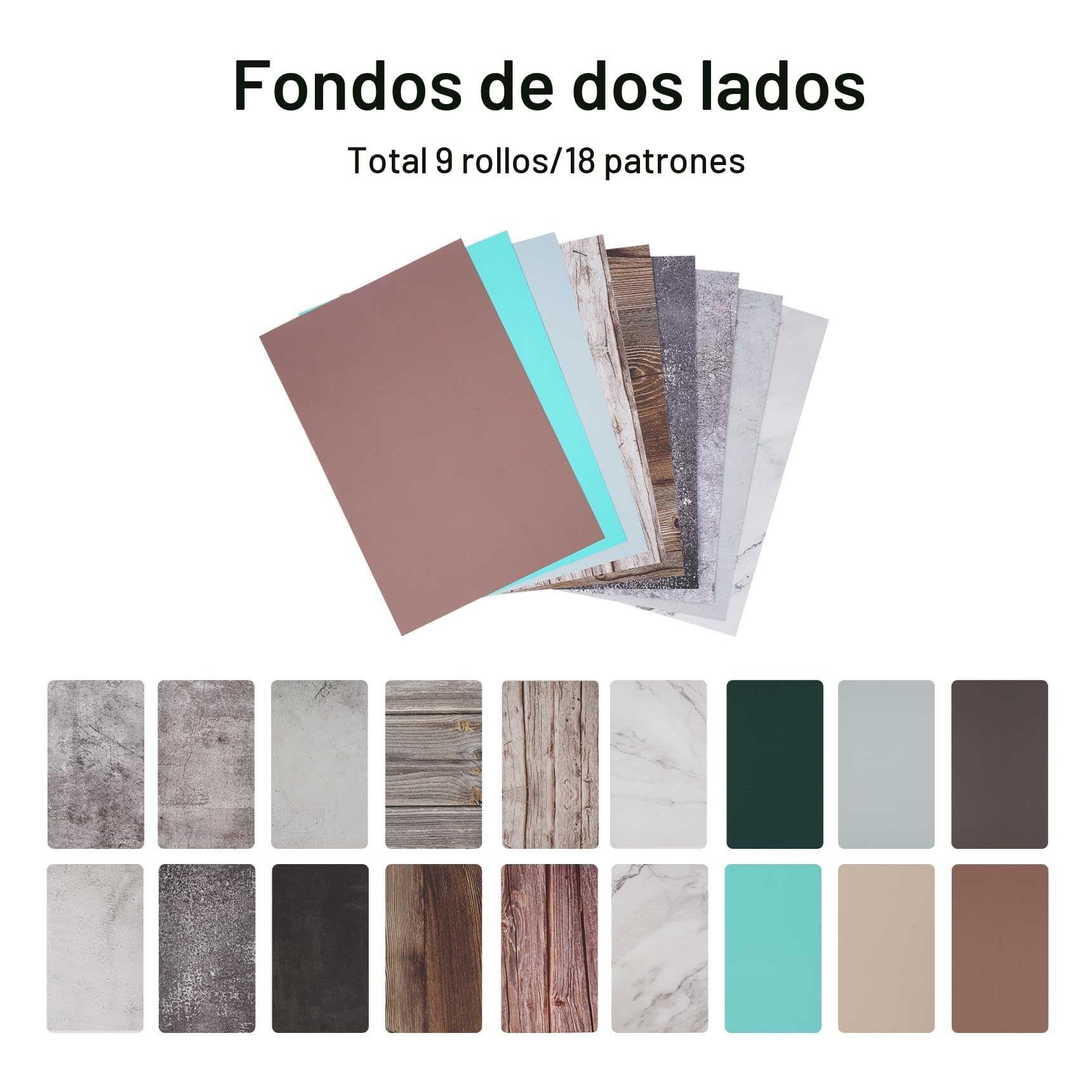 Set de fondos de fotos 30x40cm para pequeña fotografía de productos, cartón reflectante + 9 piezas de papel de fondo de doble cara con 18 patrones para alimentos, joyería, productos para el