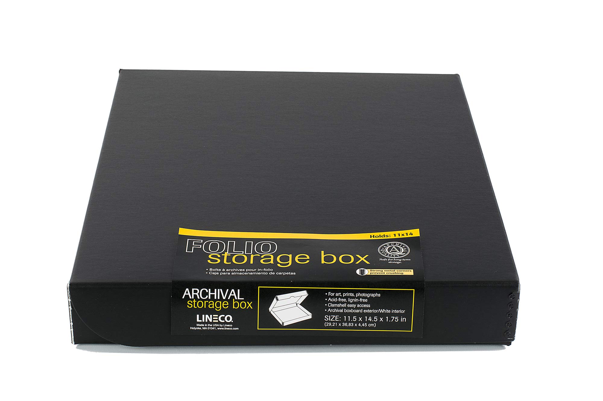 LinecoFolio Storage Box. Archival Clamshell with Metal Edge Boxboard, 11 x 14 x 1.75 Inches, Longevity Organize and Store Photos Documents Craft Cards Magazine Prints Wedding Dresses DIY, Black