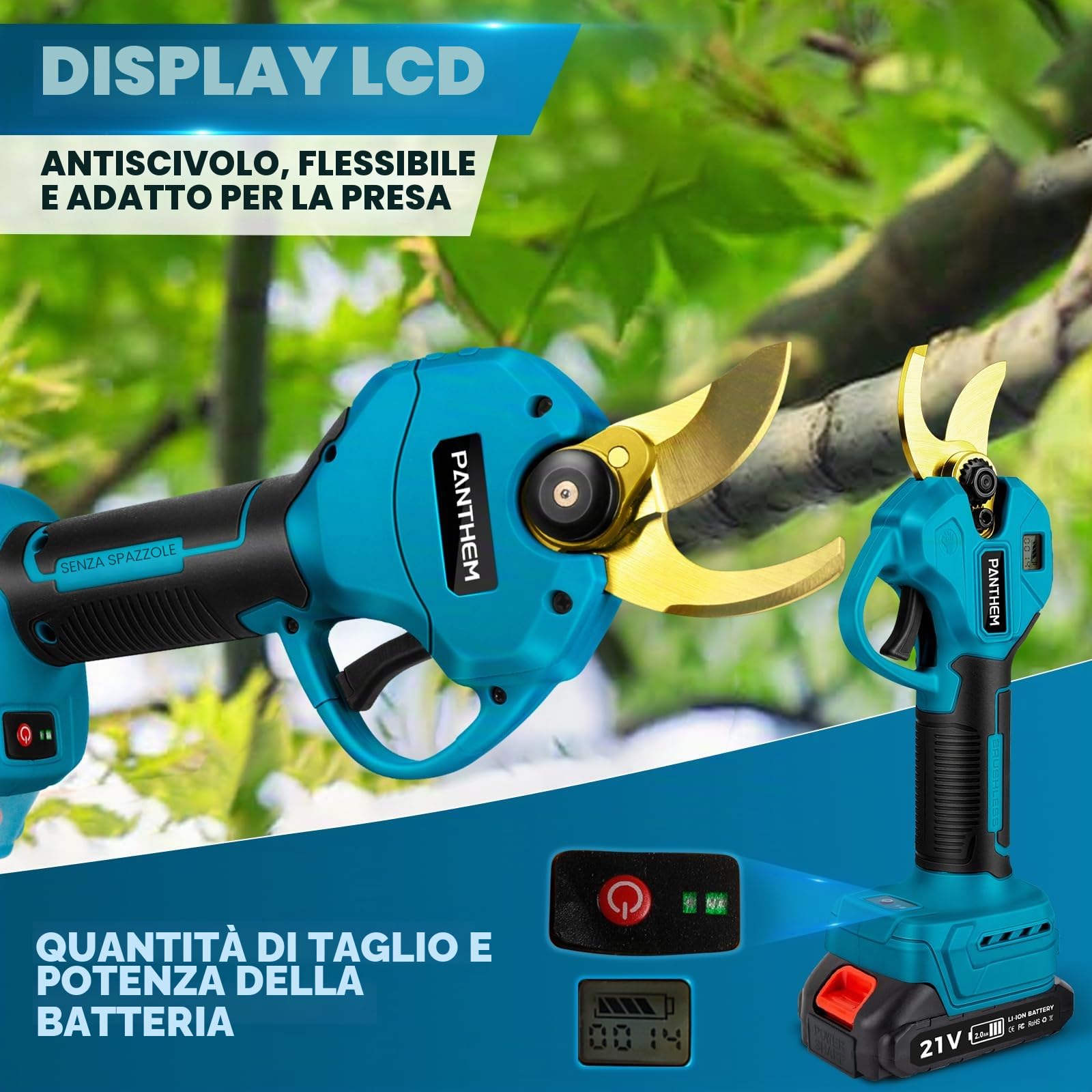 Forbici Elettriche da Potatura a Batteria 45 mm con Asta Telescopica da 2 Metri, Cesoie Elettriche da Potatura, Cesoie a batteria, Forbici da Potatura per Giardinaggio, Alberi da Frutto