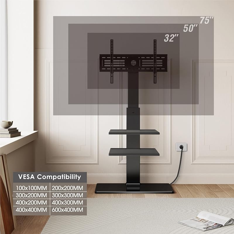 FITUEYES Floor TV Stand for 32-75 Inch TV with Tempered Glass Base, Black image 5