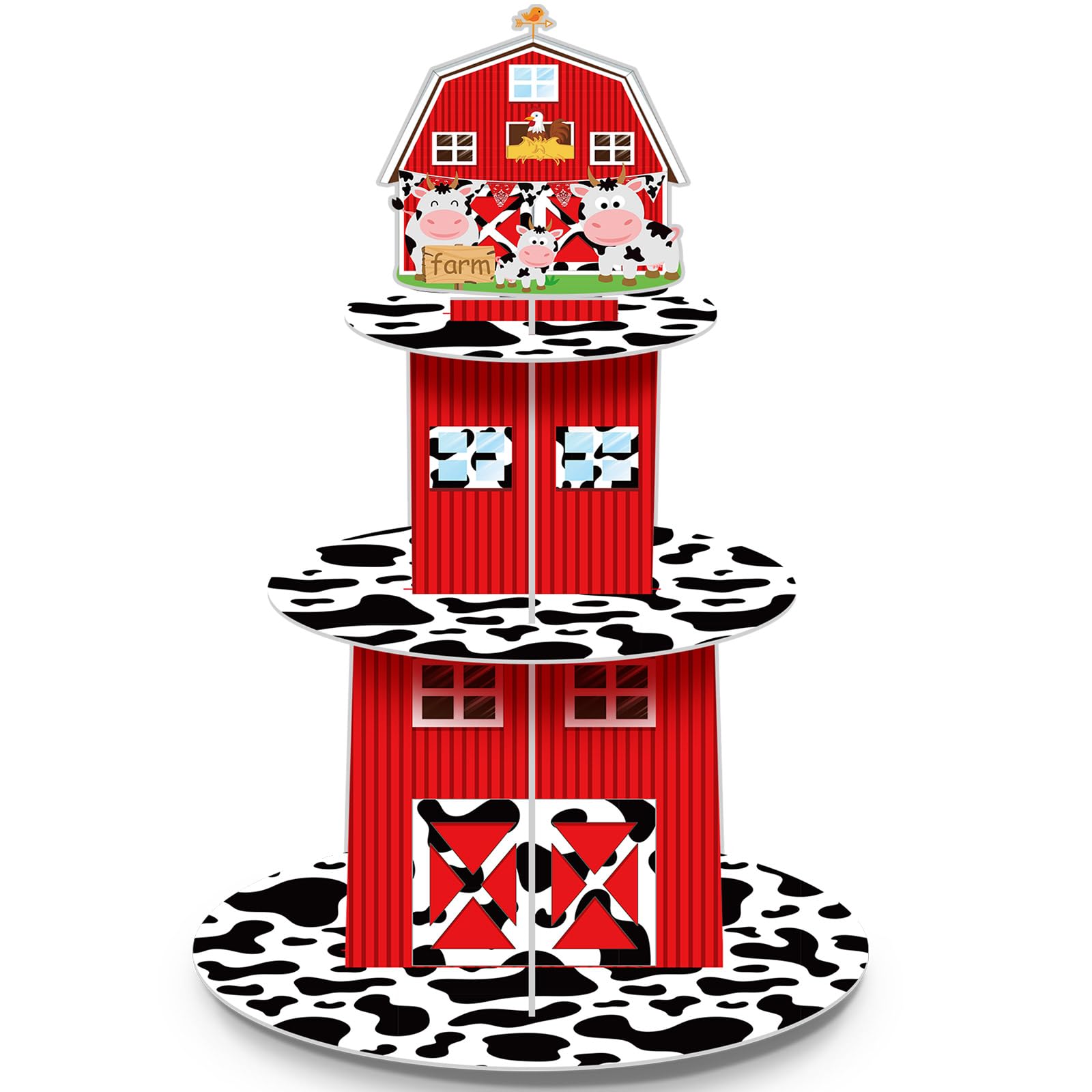 Farm Cupcake Stand 3 Tier Cow Print Cupcake Stand Farm Animal Birthday Party Supplies Barnyard Cake Stand Holder Cardboard Farmhouse Dessert Tower for