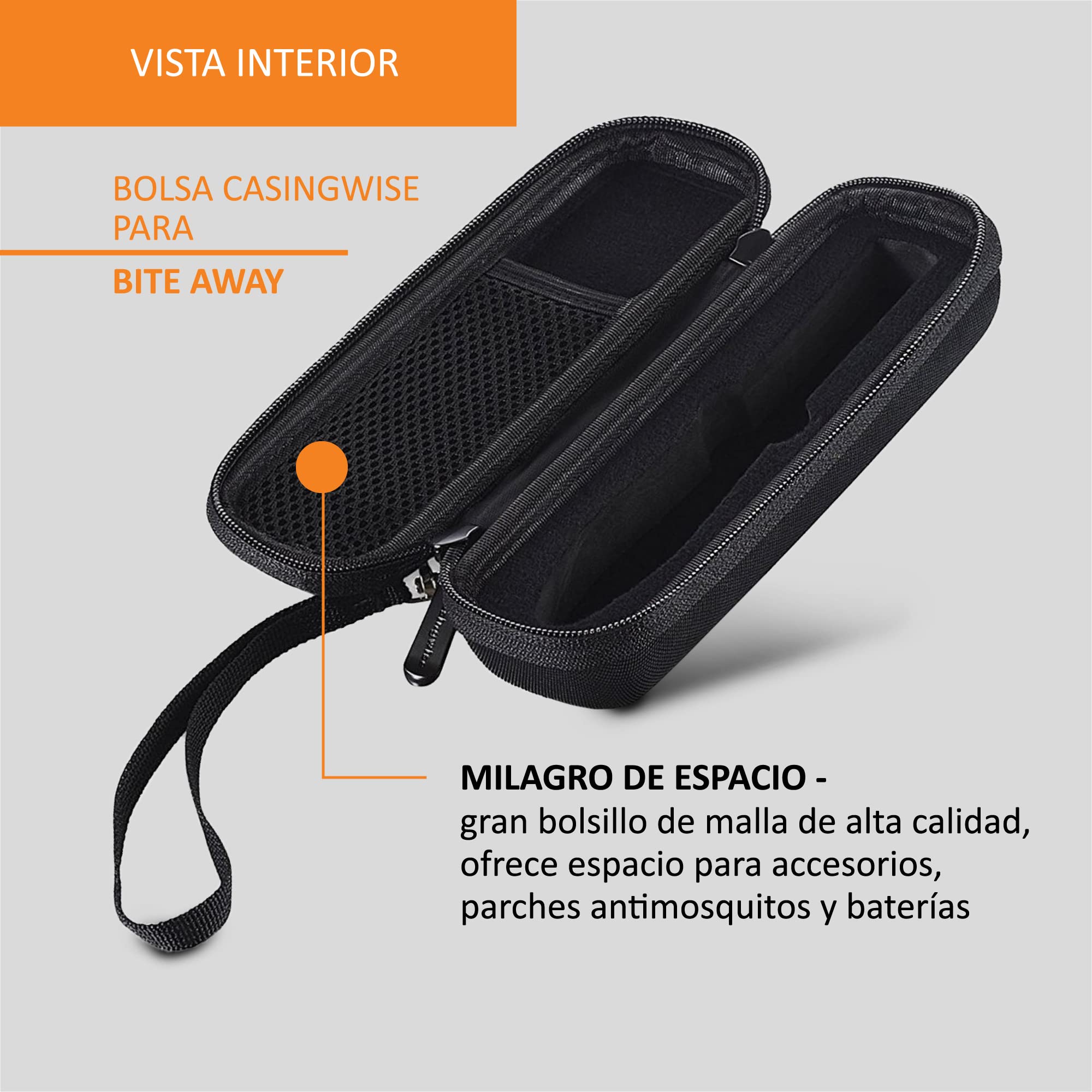Funda para Bite Away con compartimento de red para baterías de curandero, tiritas y accesorios/práctica funda de viaje para mordida/funda con asa de espuma y microfibra