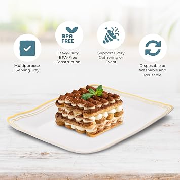 Posh Setting - White Plastic Serving Trays 6 Pack, Heavyweight Plastic Trays for Serving Food Party, Gold Rim Border Disposable Serving Platters and Trays, Platters for Serving Food Party - 12x12