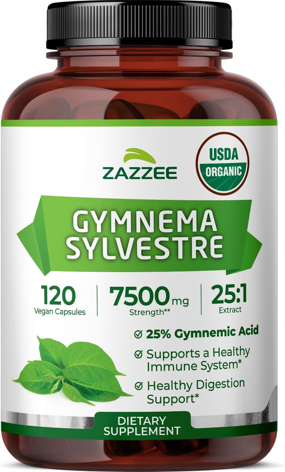 Organic Gymnema Sylvestre 25:1 Extract, 7500 mg Strength, 25% Gymnemic Acid, 120 Vegan Capsules, 4 Month Supply, Standardized and Concentrated 25X Extract, All-Natural and Non-GMO