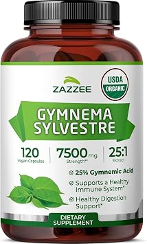 Zazzee USDA Organic Gymnema Sylvestre 251 Extract, 25% Gymnemic Acid | 120 Capsules, Vegan, 4 Month Supply, Standardized Leaf Extract, All-Natural, Non-GMO, Made in the USA