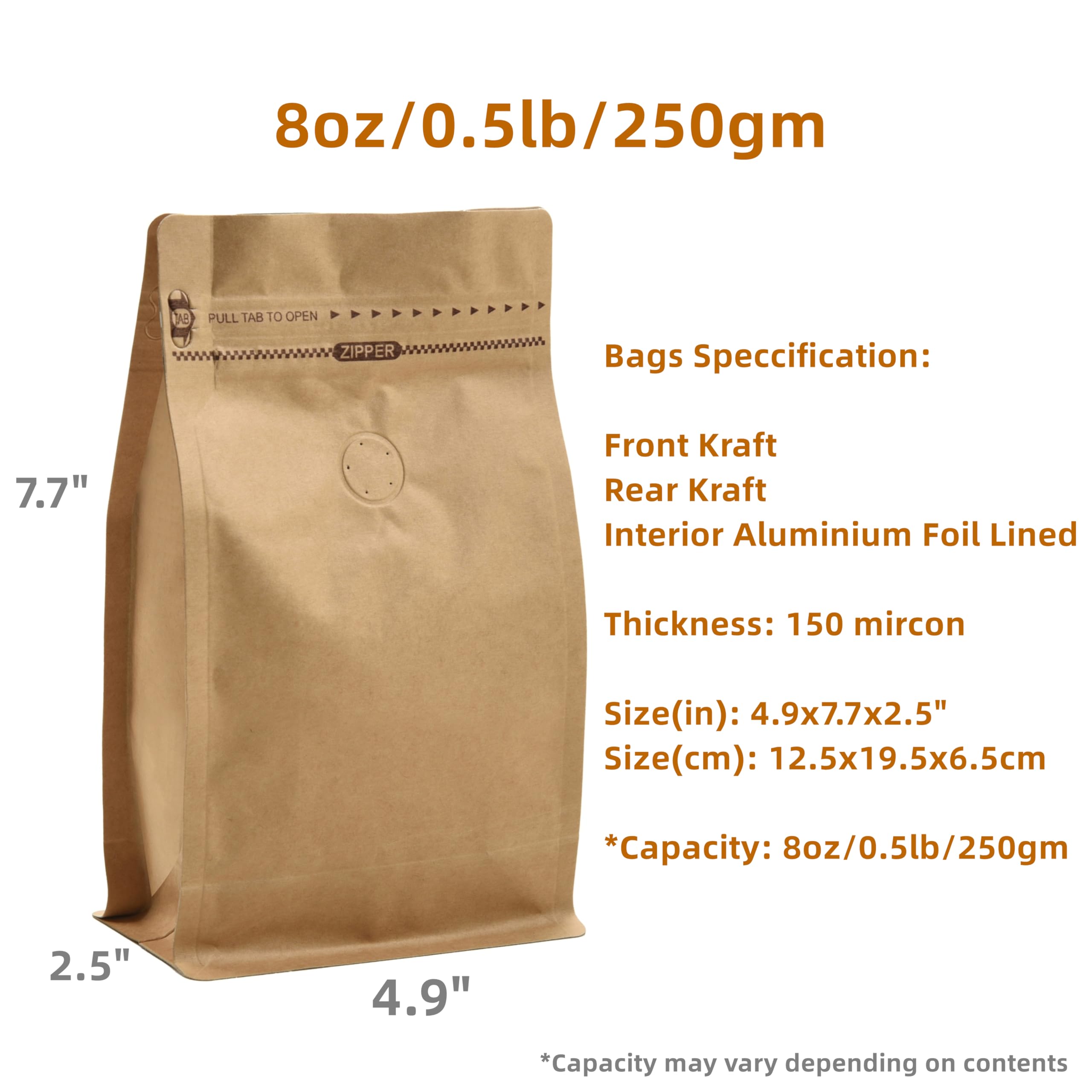 Wiederverschließbare Kraftpapier-Kaffeetüten mit Entgasungsventil, flacher Boden, Seitenfalte, Standbeutel mit Reißverschluss (50 Stück, passend für 250 g Bohnen oder gemahlenen Kaffee)
