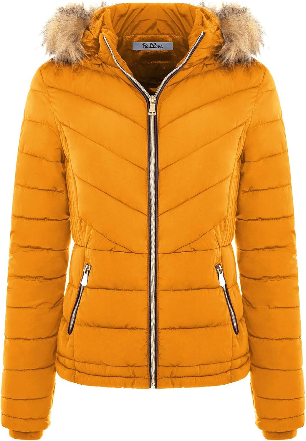 BodiLove Women's Fur Hooded Utility Jacket with Zipper and Flannel Lining Mustard L - Image 3
