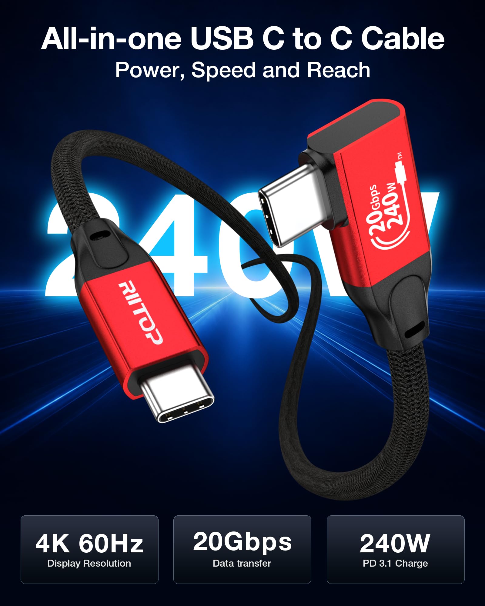 RIITOP Cable largo USB C a USB C [14.8 pies] 20 Gbps/240 W/ángulo recto