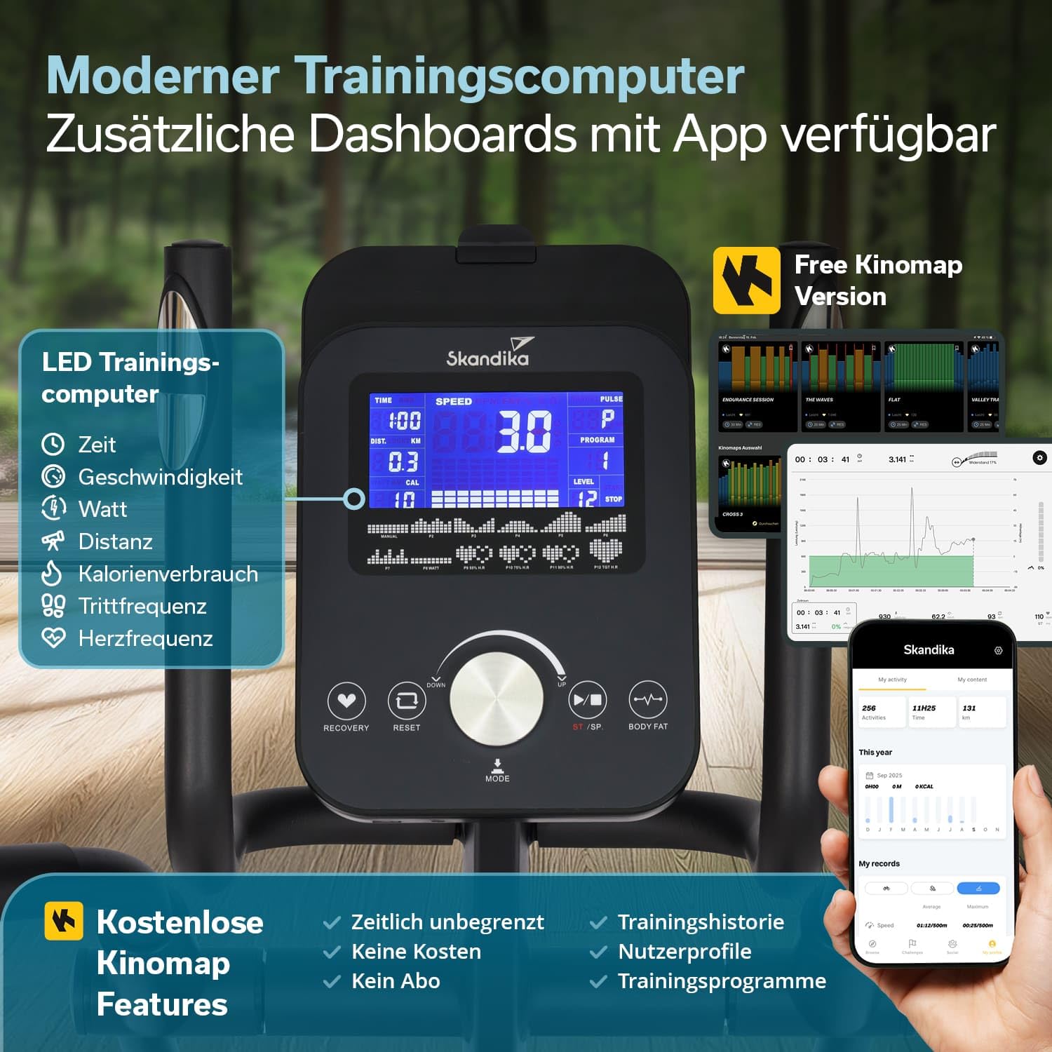 Skandika Vélo elliptique Carbon P18 | Vélo elliptique d'appartement, 32 Niveaux de résistance, 13 programmes, écran LCD, Compatible avec Kinomap, Max 135KG, vélo de Fitness