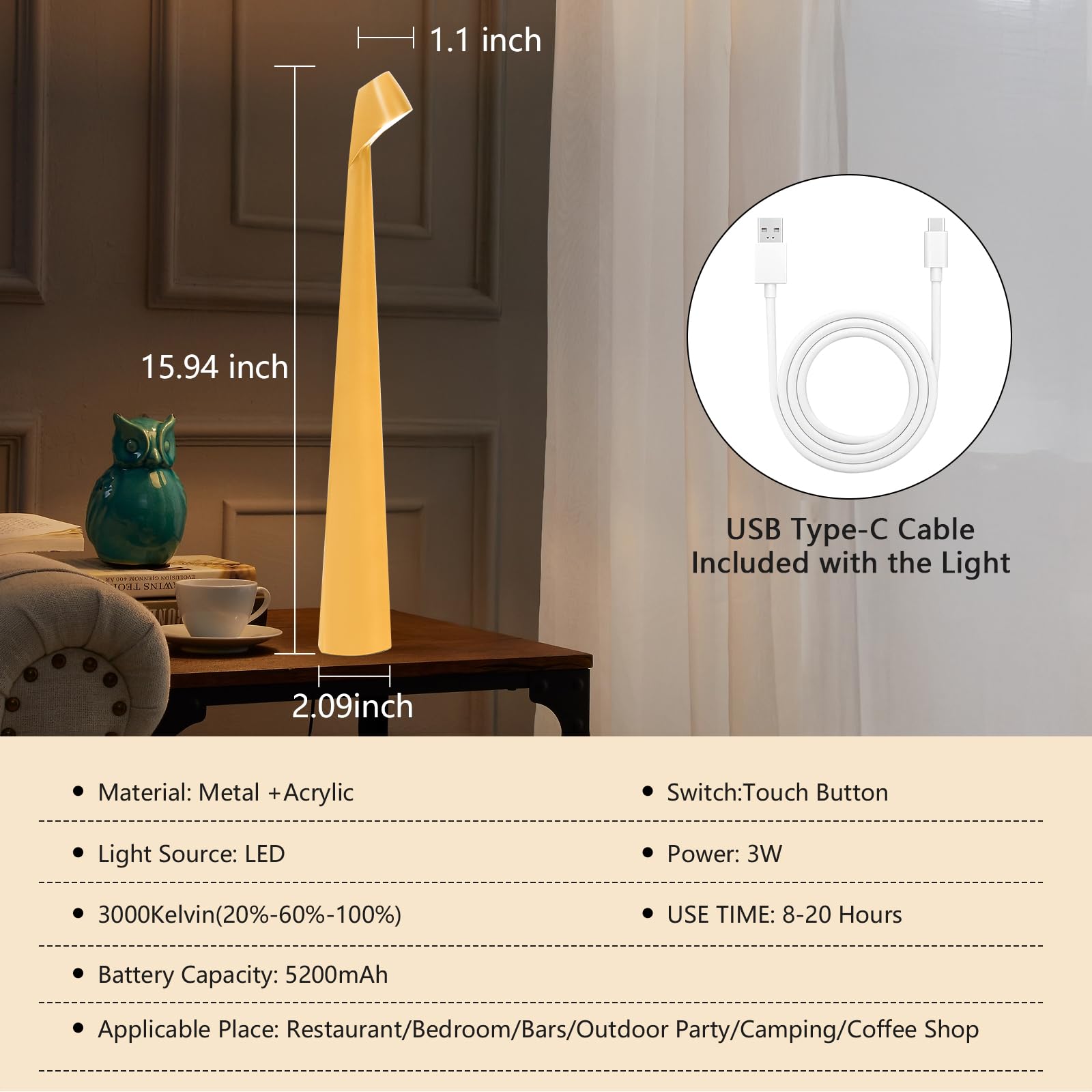 Lampes de table sans fil rechargeable à batterie rechargeable, lampes de bureau LED lampes tactiles portables d'extérieur, lampe portable sans fil (jaune)