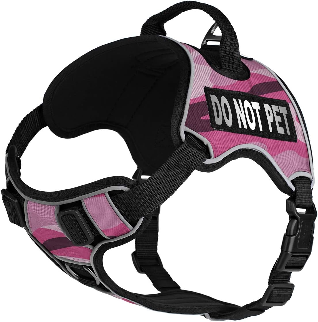 Dogline Quest No-Pull Dog Harness with Do Not Pet Reflective Removable Patches Reflective Soft Comfortable Dog Vest with Quick Release Dual Buckles Black Hardware and Handle 18 to 22 inches Pink Camo