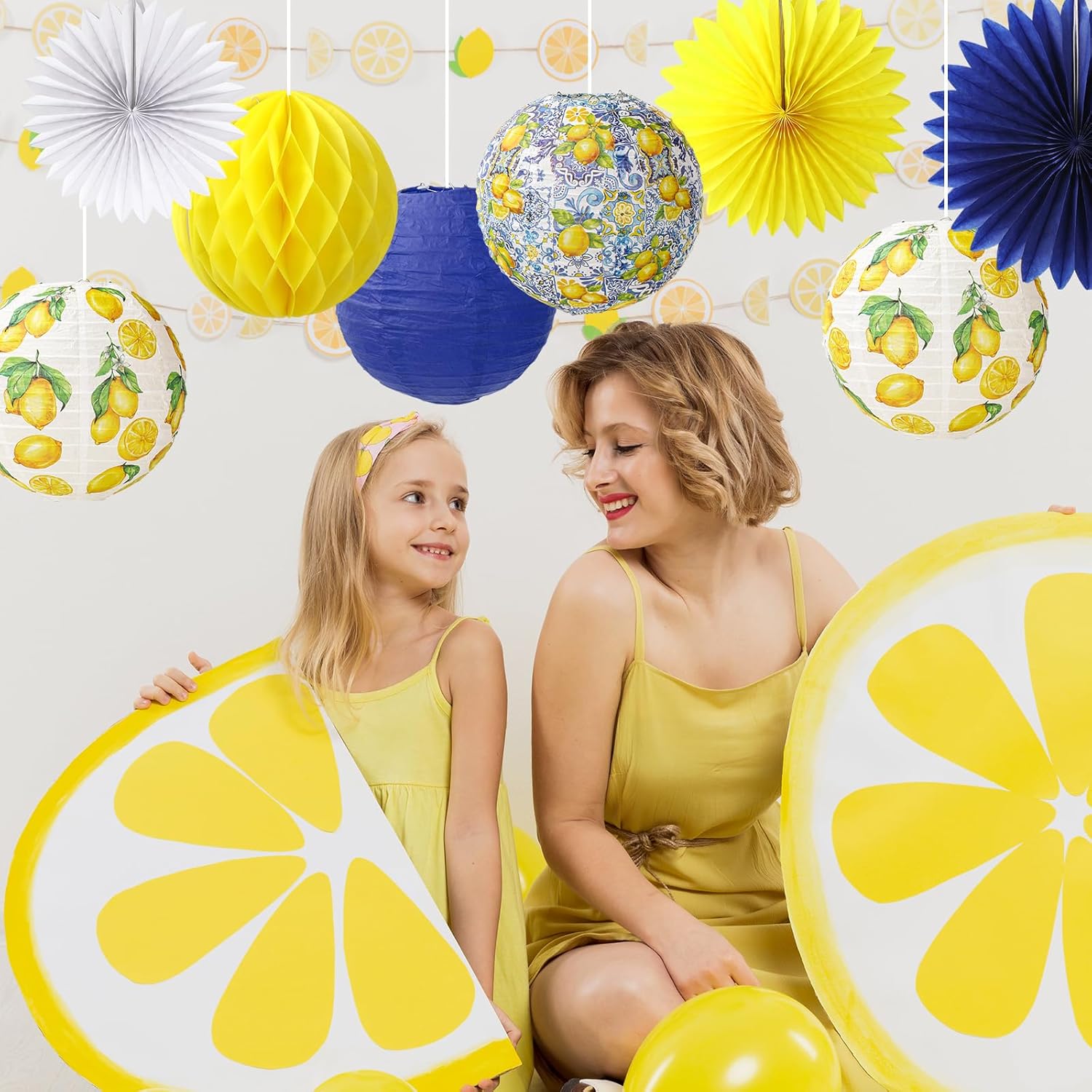 JarThenaAMCS 18 Pcs Capri Lemon Hanging Lantern Kit Paper Lantern with Blue Yellow White Honeycomb Ball Paper Fan Summer Mediterranean Decor for Baby Shower Birthday Wedding