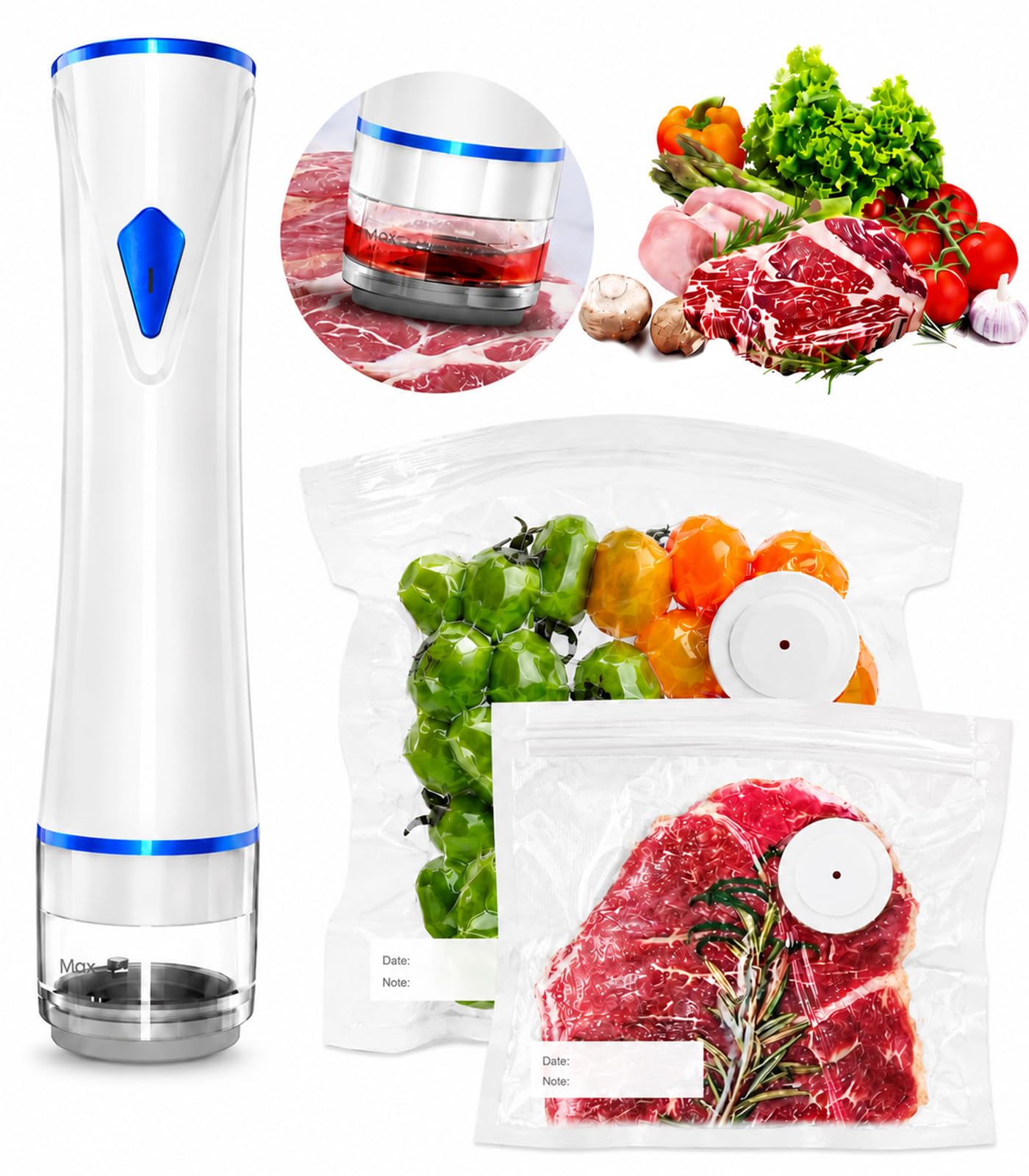 Macchina per sottovuoto compatta per alimenti (macchina per sottovuoto + sacchetti sottovuoto riutilizzabili), potente macchina portatile per sottovuoto per alimenti, salva pasti per la freschezza