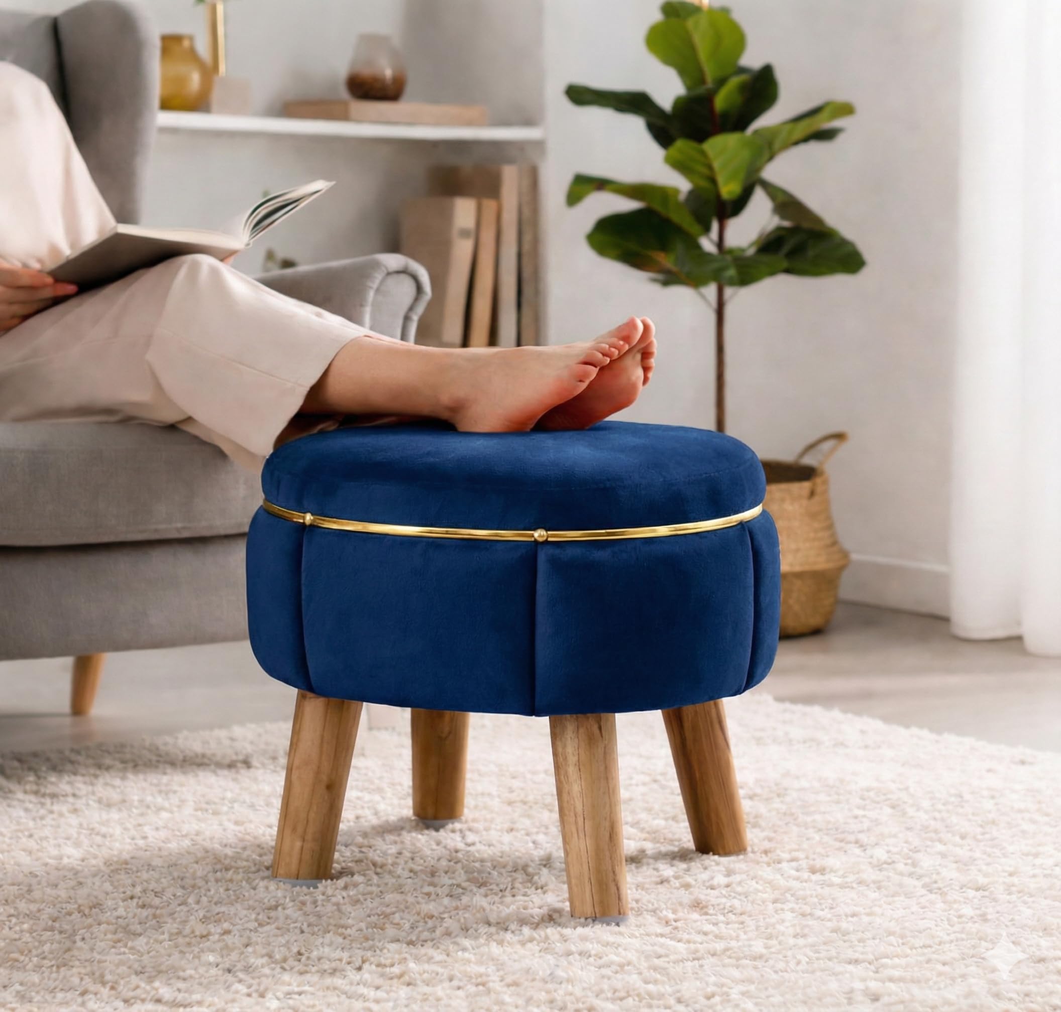Velvet Upholstered Round Ottoman Footstool | Anti-Slip Feet | Multipurpose Footrest, Step Stool & Vanity Seating & Décor | 40 x 30 cm (16 x 12 Inch) | Royal Blue