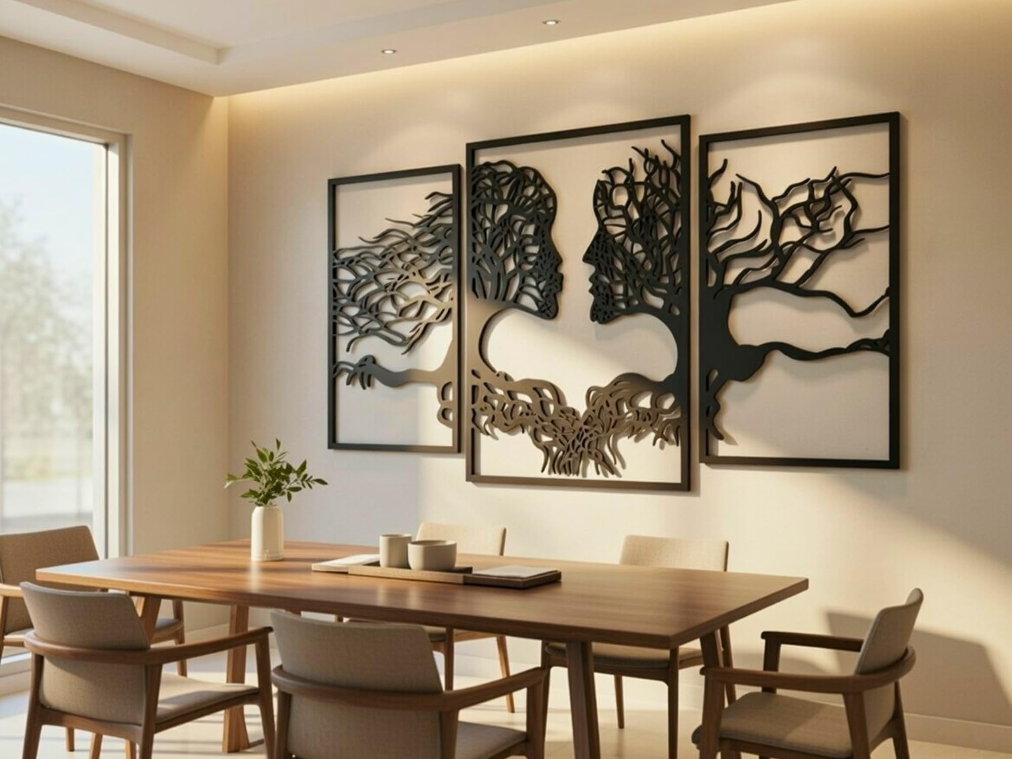 VAILLA Wanddeko 3D aus Holz XXL Wandbild Wohnzimmer & Schlafzimmer, Moderne Holzbilder Schwarze Wand Deko, Home Wall Art Dekoration Lebensbaum Motiv (Gesichter 2)