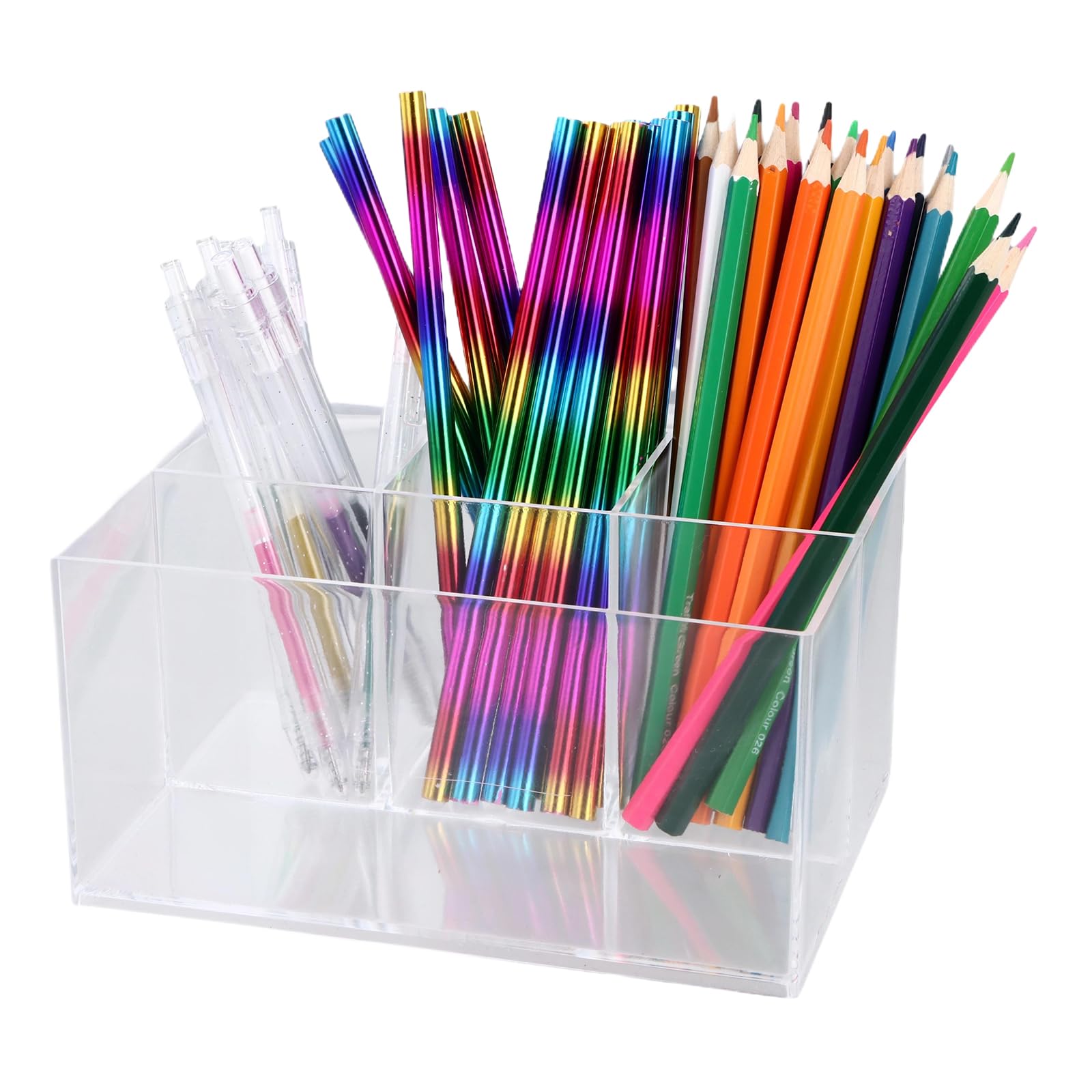 Culinavog Large Capacity Drawer Pen Holder, 4 Compartments Clear Desk Organiser, Plastic Table Stationary Organiser, Desktop Office Storage Holder for Pens Pencils Makeup Brushes Cleaning Supplies