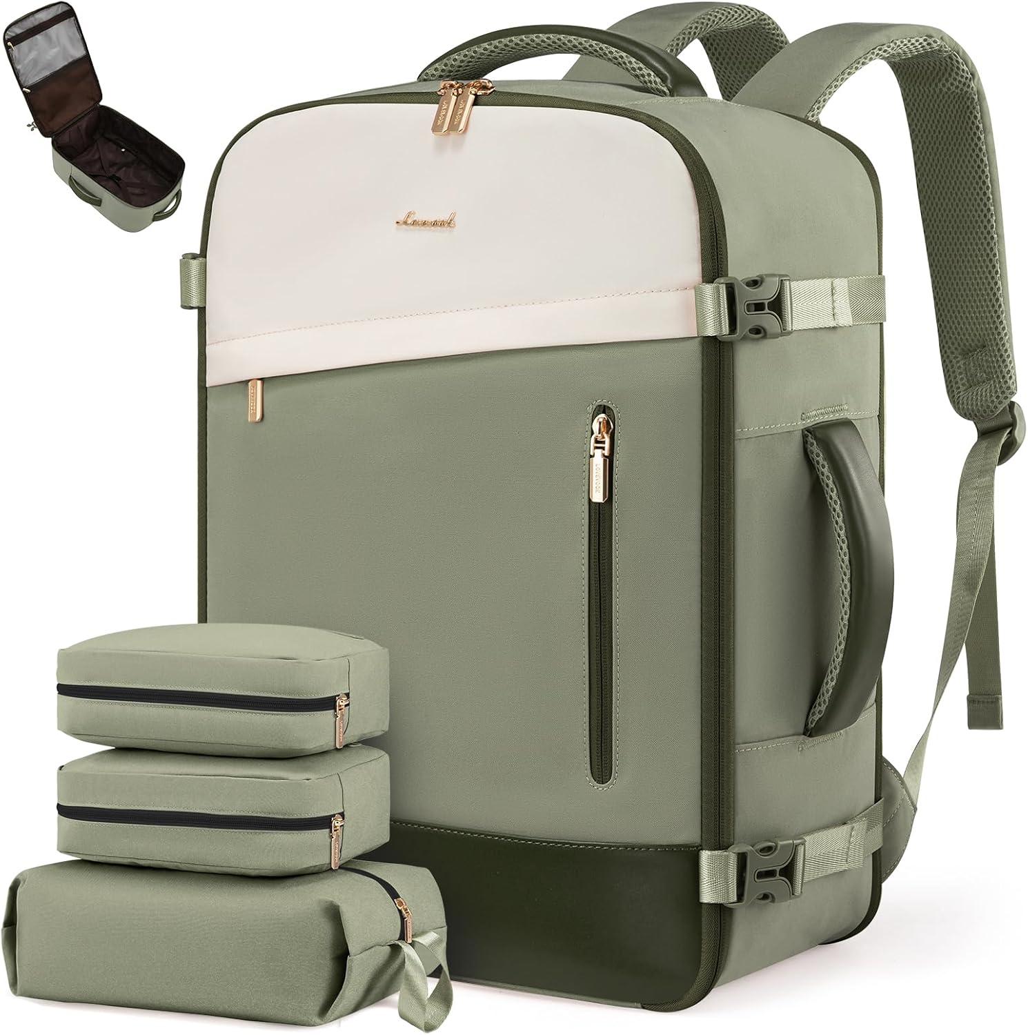 LOVEVOOK Travel Backpack For Women, 40L Carry On Backpack, Flight Approved Personal Item Travel Bag, Lightweight Water Resistant Daypack Weekender Bag Fits 17″ Laptop With 3 Cubes, Green-Beige LOVEVOOK Travel Backpack For Women, 40L Carry On Backpack, Flight Approved Personal Item Travel Bag, Lightweight Water Resistant Daypack Weekender Bag Fits 17″ Laptop With 3 Cubes, Green-Beige