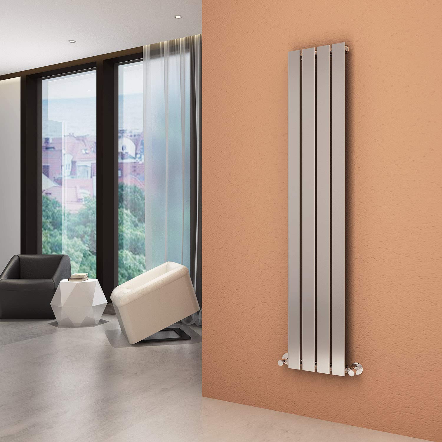 ELEGANT Chrome Vertical Column Designer Radiator Tall Upright Flat Panel 1600 x 300 mm Single Radiators with Free Angled Valves