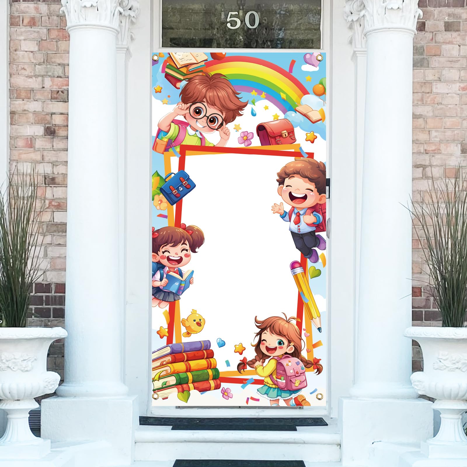 arricraft 1 Pc School Season Polyester Door Cover, School First Day Blank Area in Middle Backdrop Banner Door Porch Sign Photography Background for Indoor Outdoor Porch Home Decor Accessories