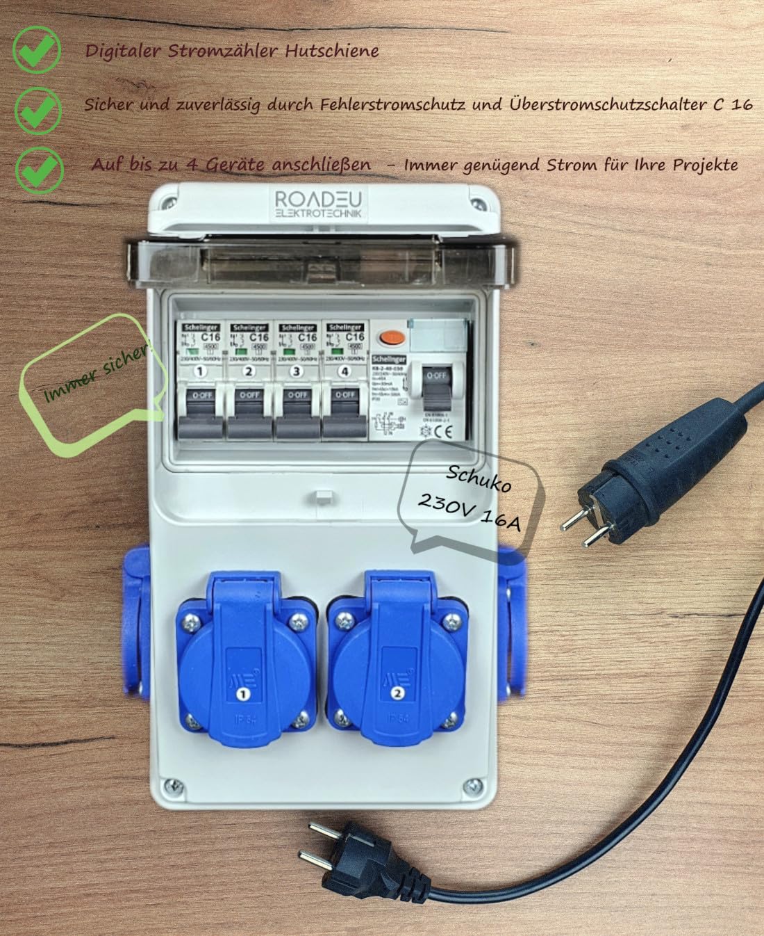 RoadEu - Stromverteiler 230V. 4x Schuko Steckdose mit Sicherungsautomat 16A. Baustromverteiler 16A mit FI Schalter. Steckdosen integriert mit Sicherungskasten. IP54 Wandverteiler - Aussen Wasserdicht