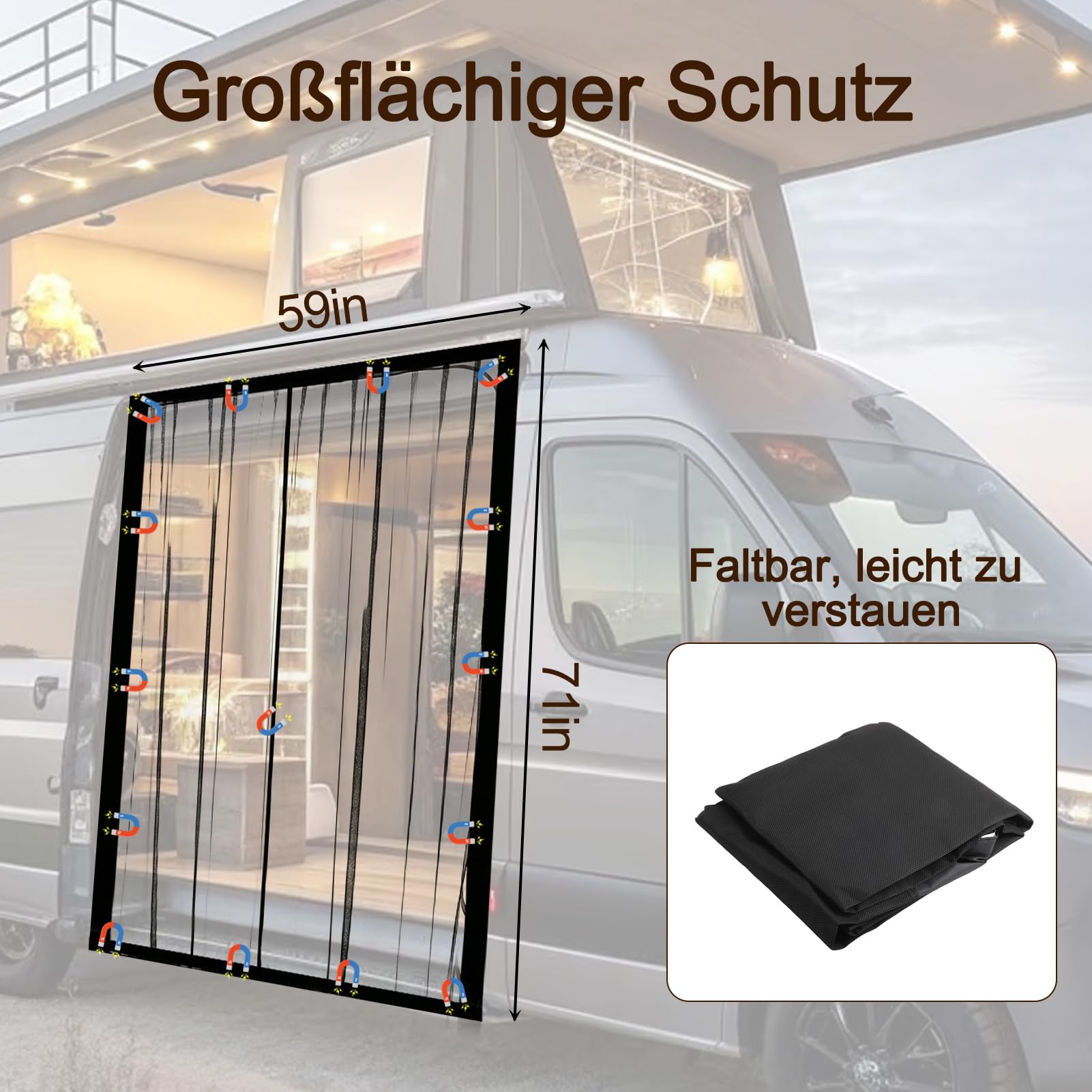 Magnetischer Fliegengitter, 180,3 x 149,9 cm, Wohnmobil-Vorhang, zentraler magnetischer Fliegengitter für Mercedes-Benz Sprinter, Vans und andere Camper, geeignet für