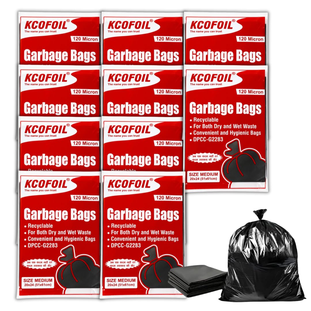 KCOFOIL 120-Micron Garbage Bag - Medium | 20 x 24 Inches | Lightweight & Leakproof Waste Bags | Heavy Duty Trash Bags for Home, Kitchen, Office & Bathrooms | Pack of 10