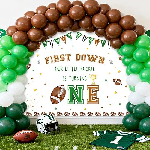 Miniatura 5 de AIBIIN Fondo de fútbol de 7 x 5 pies para el primer cumpleaños con texto en inglés "Our Little Rookie is Turning One", fondo de fotografía,