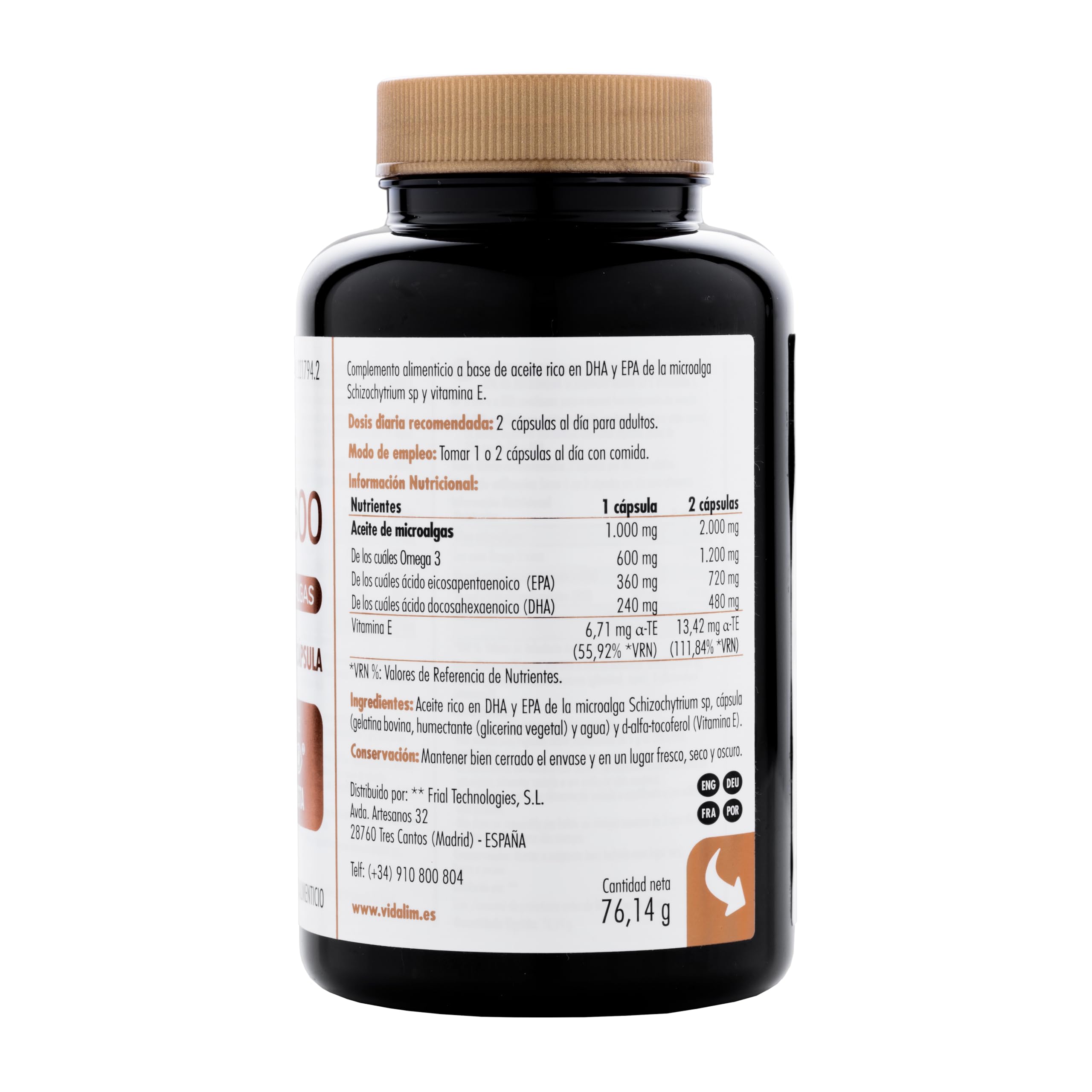 600 Omega 3 de microalgas.Una sola cápsula contiene 360 mg EPA y DHA 240 mg + Vitamina E. En forma de triglicliceridos para una mejor absorción. Concentración y pureza. 60 cápsulas blandas.